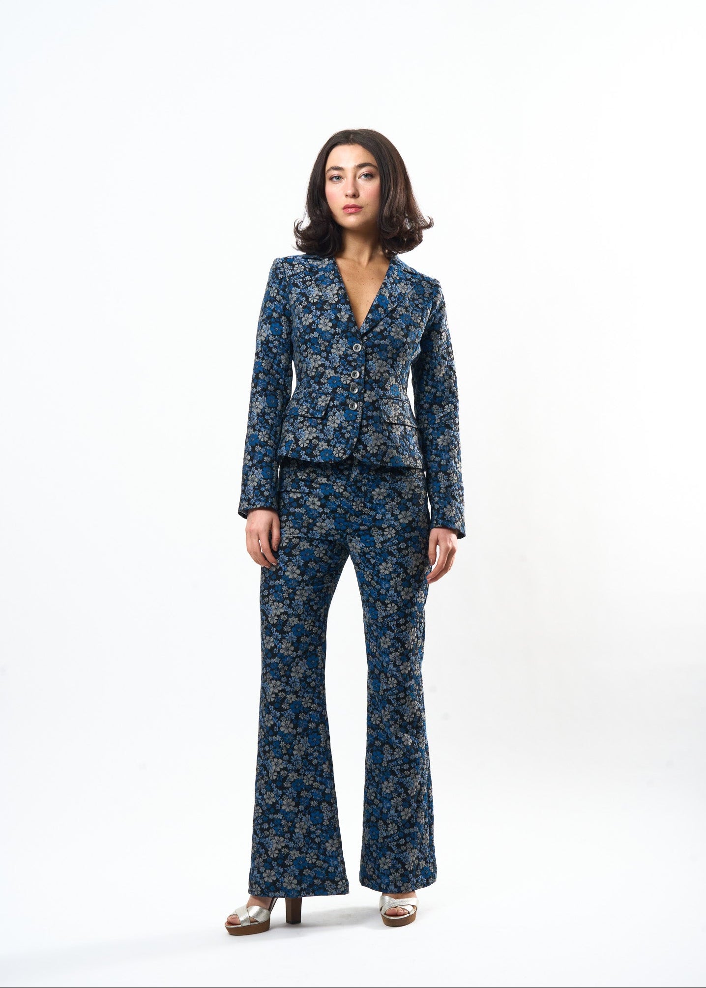 Woman wearing the Maria Cecilia Indigo Damask Charming Jacket, front view