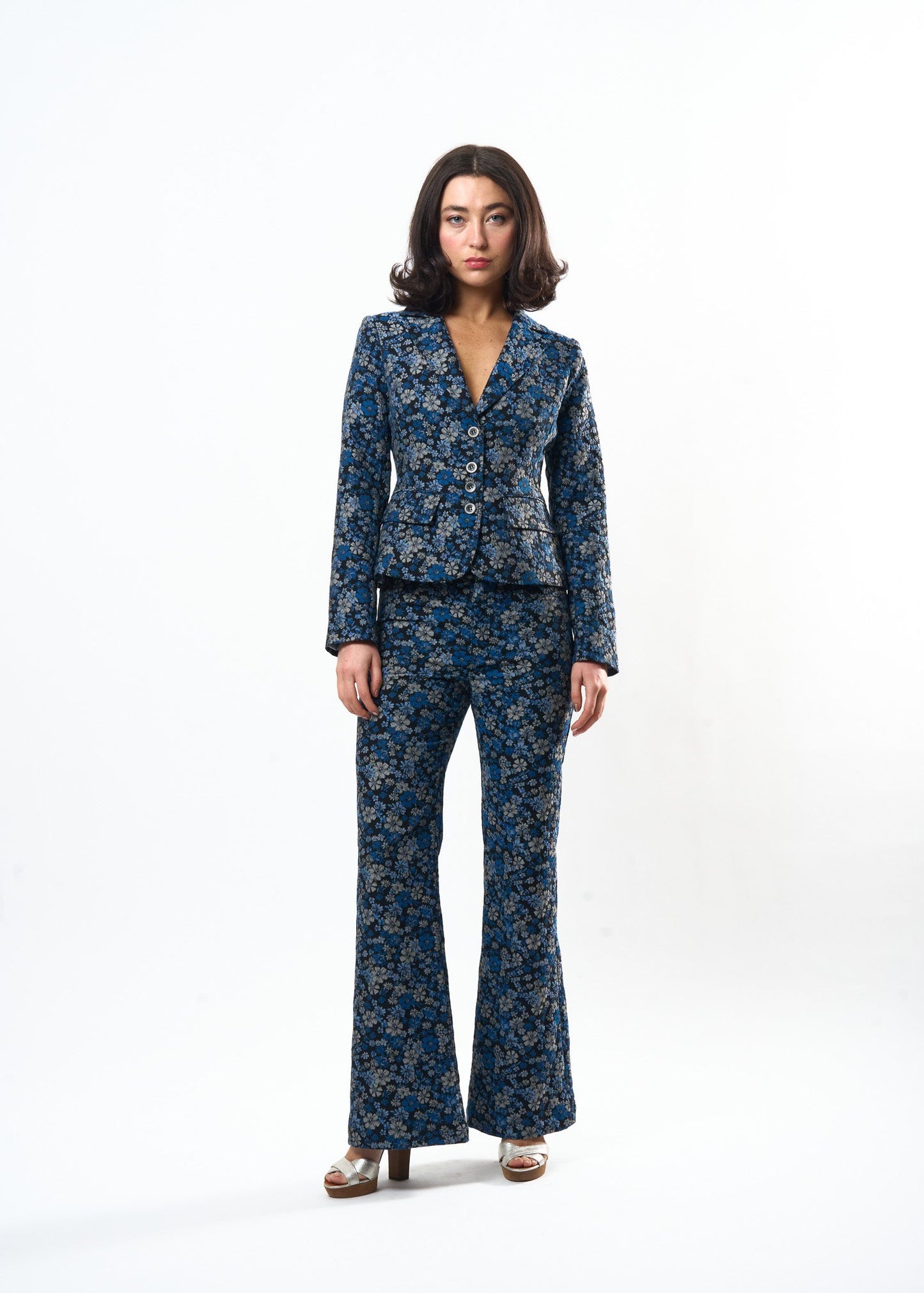 Indigo Damask Charming Jacket shown on model, side view