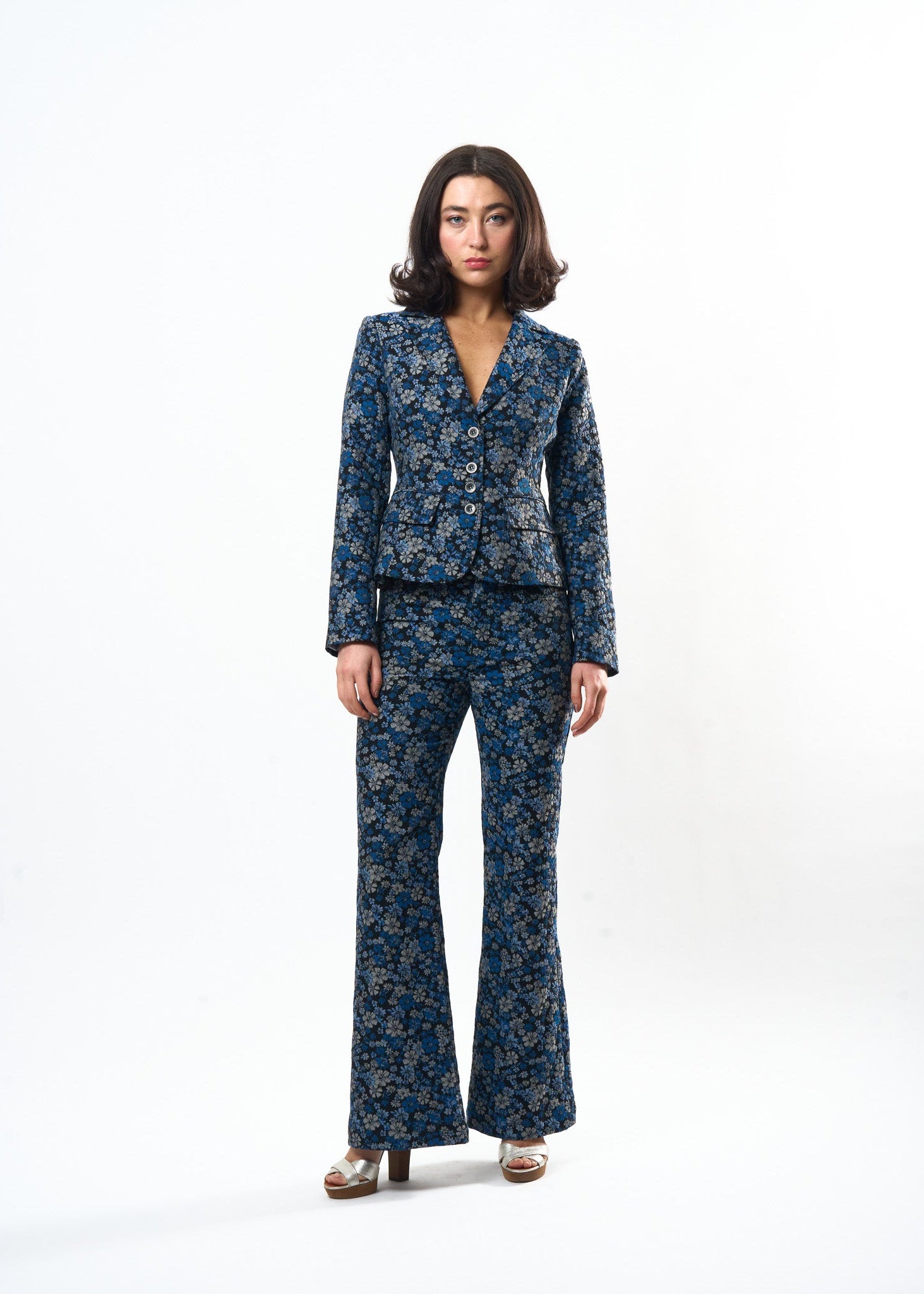 Indigo Damask Charming Jacket shown on model, side view