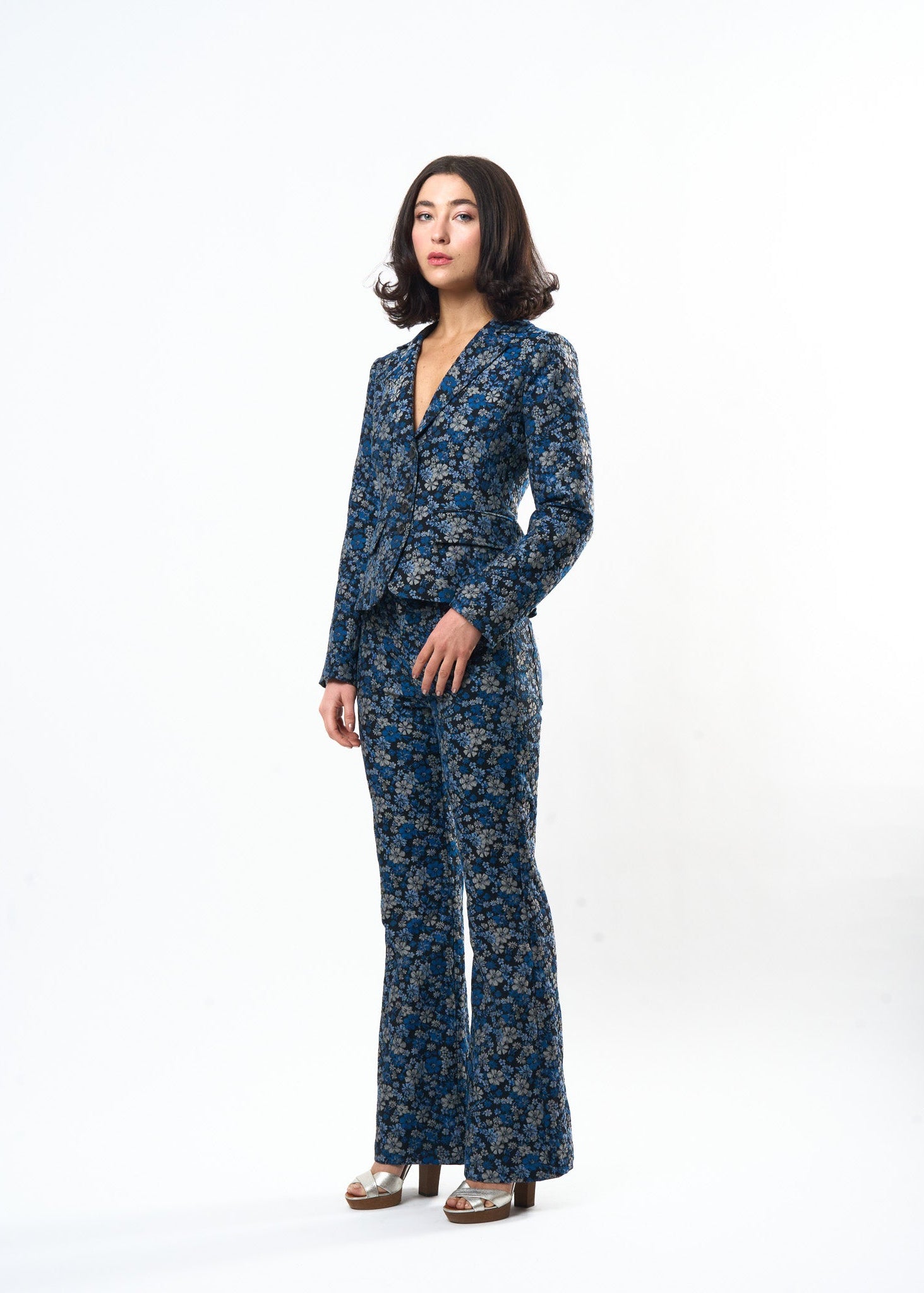 Indigo Damask Charming Jacket shown on model, back view