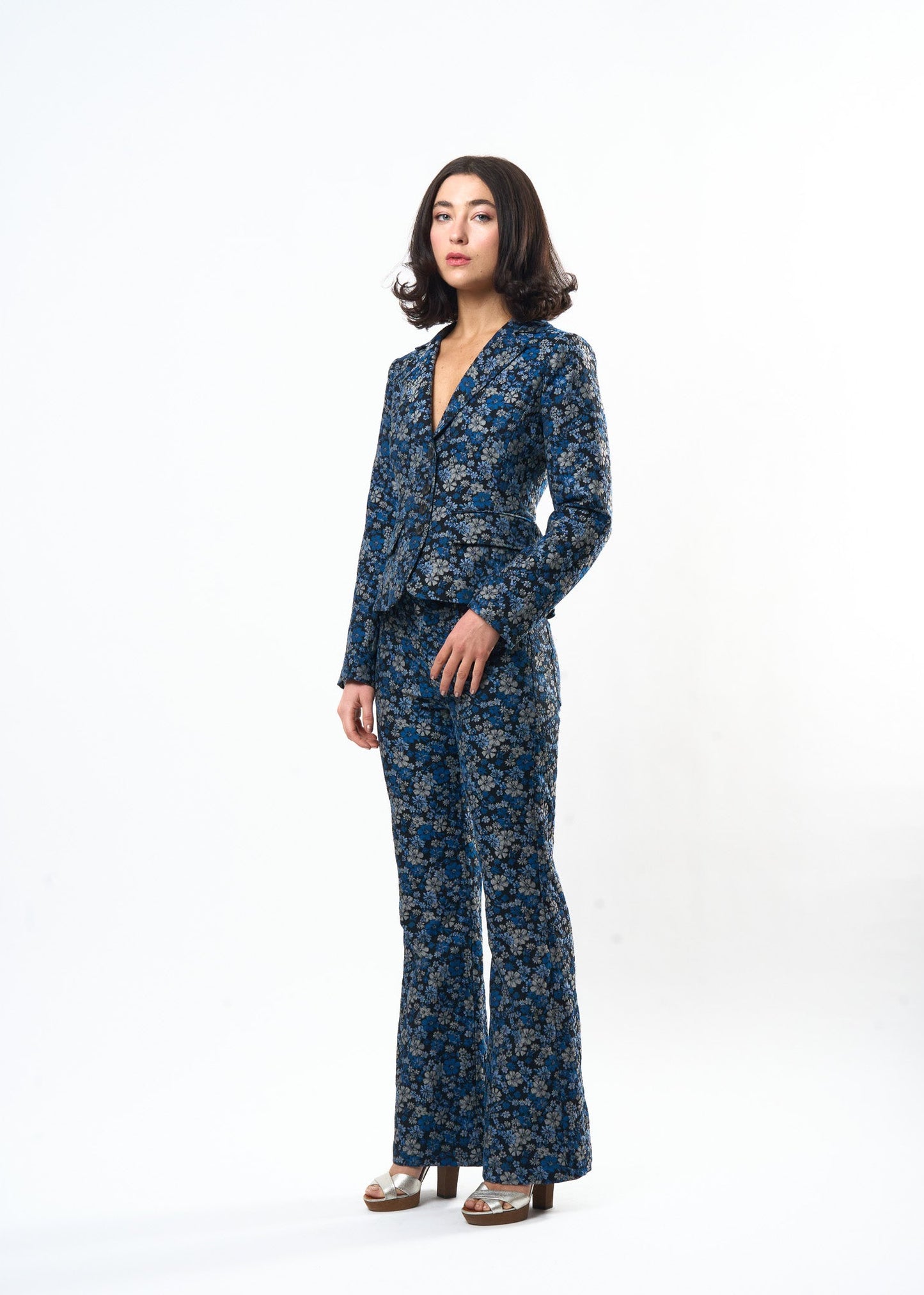 Indigo Damask Jane Jean shown on model, alternate view