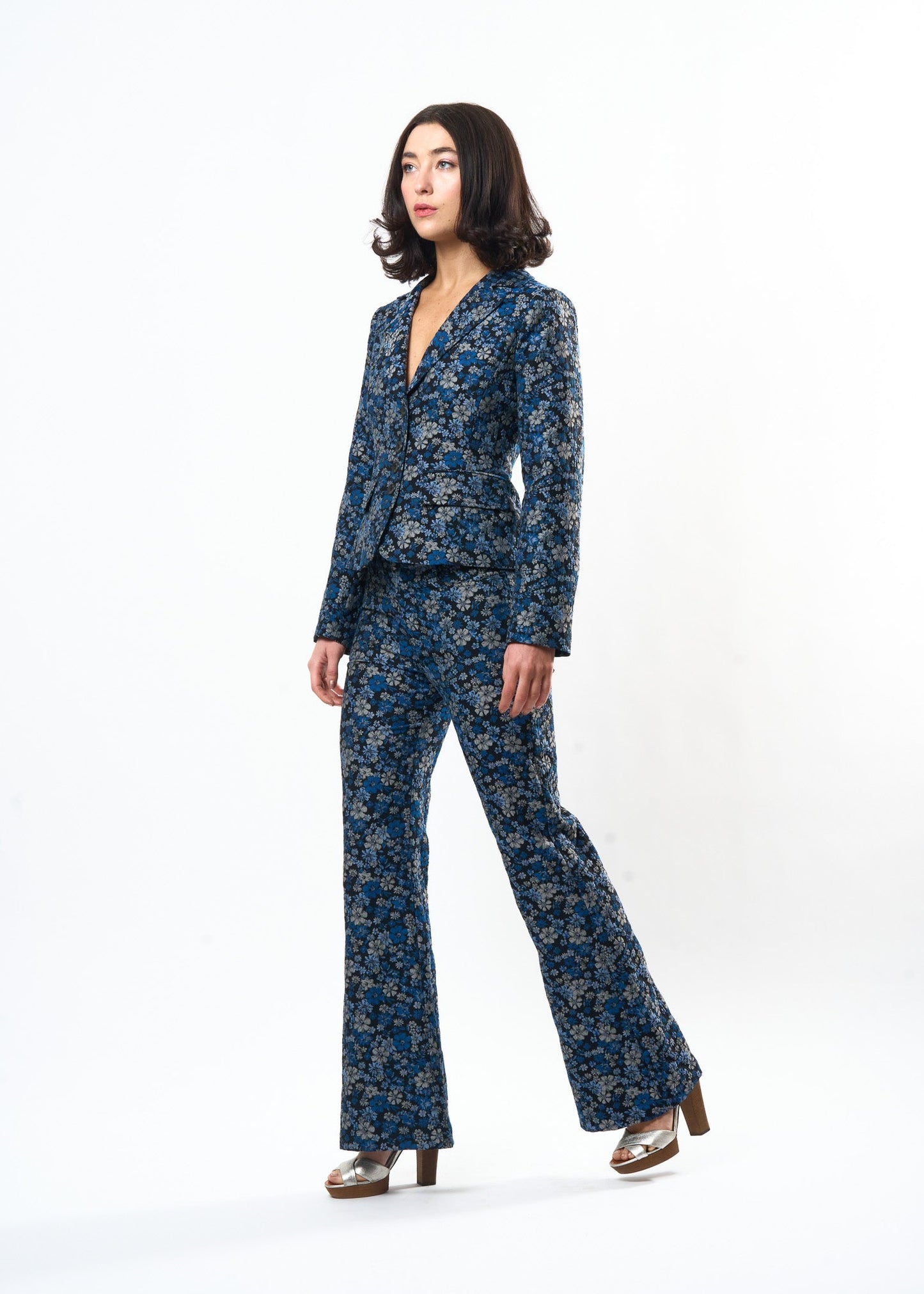 Indigo Damask Charming Jacket shown on model, detail view