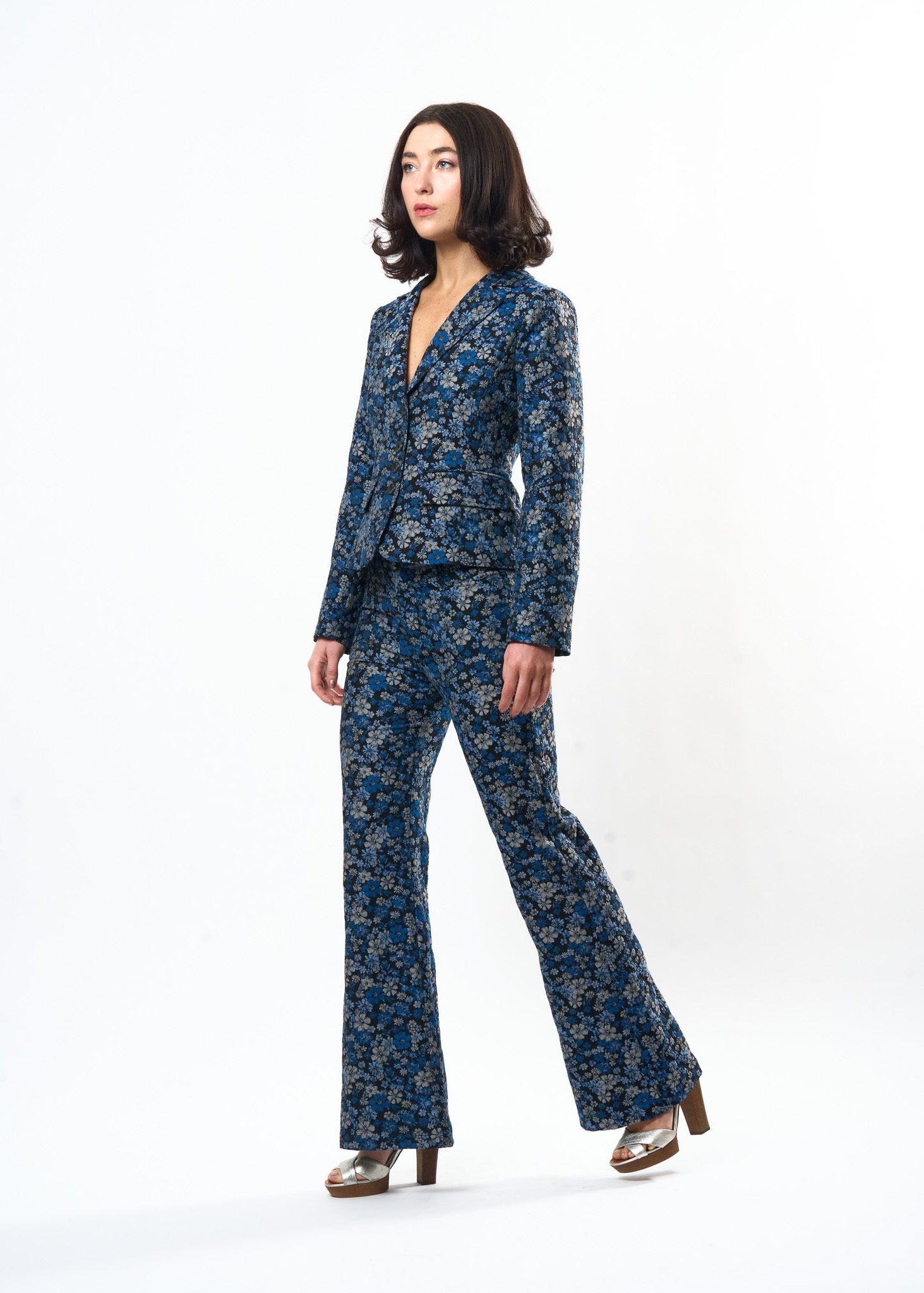 Indigo Damask Charming Jacket shown on model, detail view
