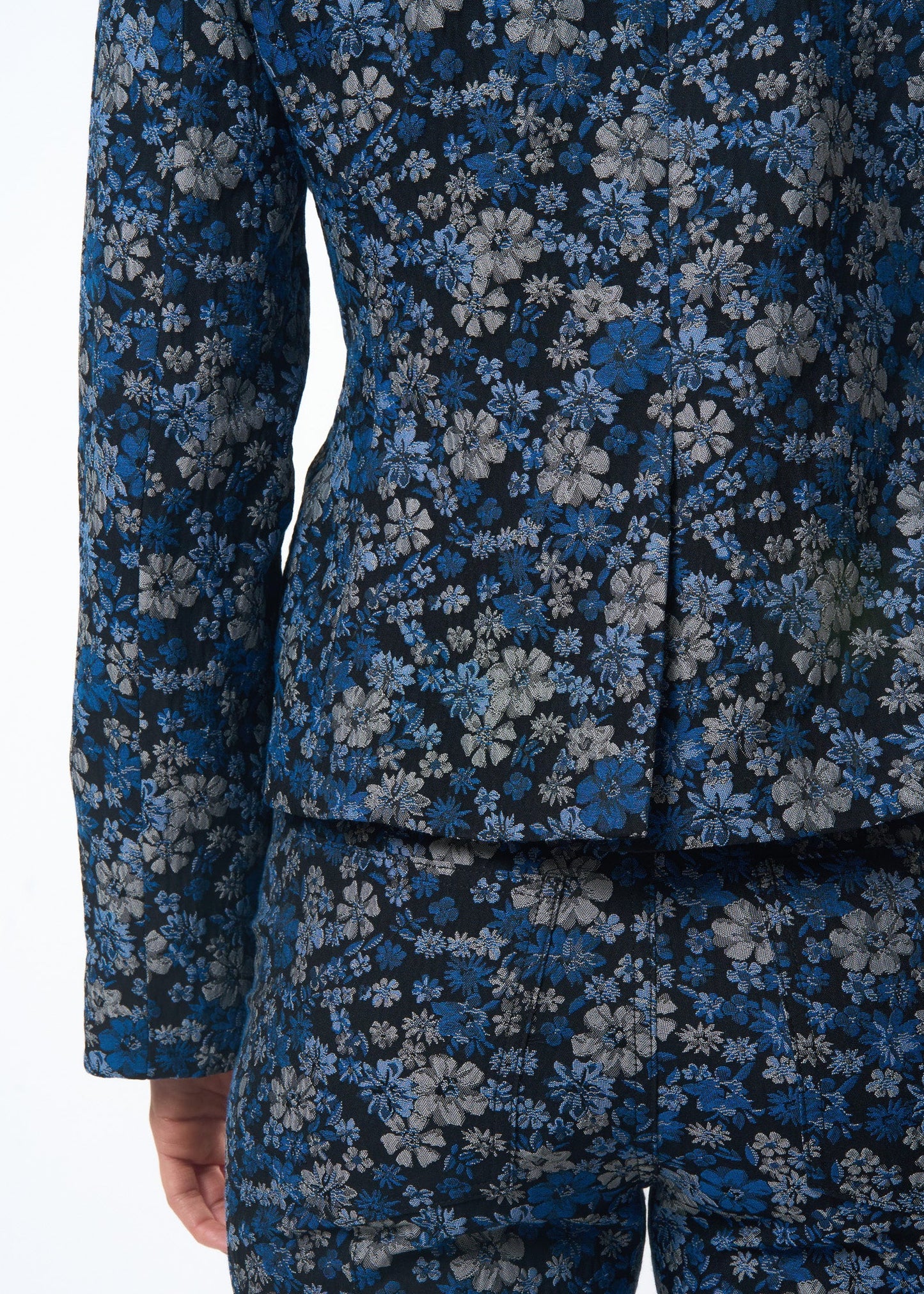 Indigo Damask Charming Jacket shown on model, close-up detail
