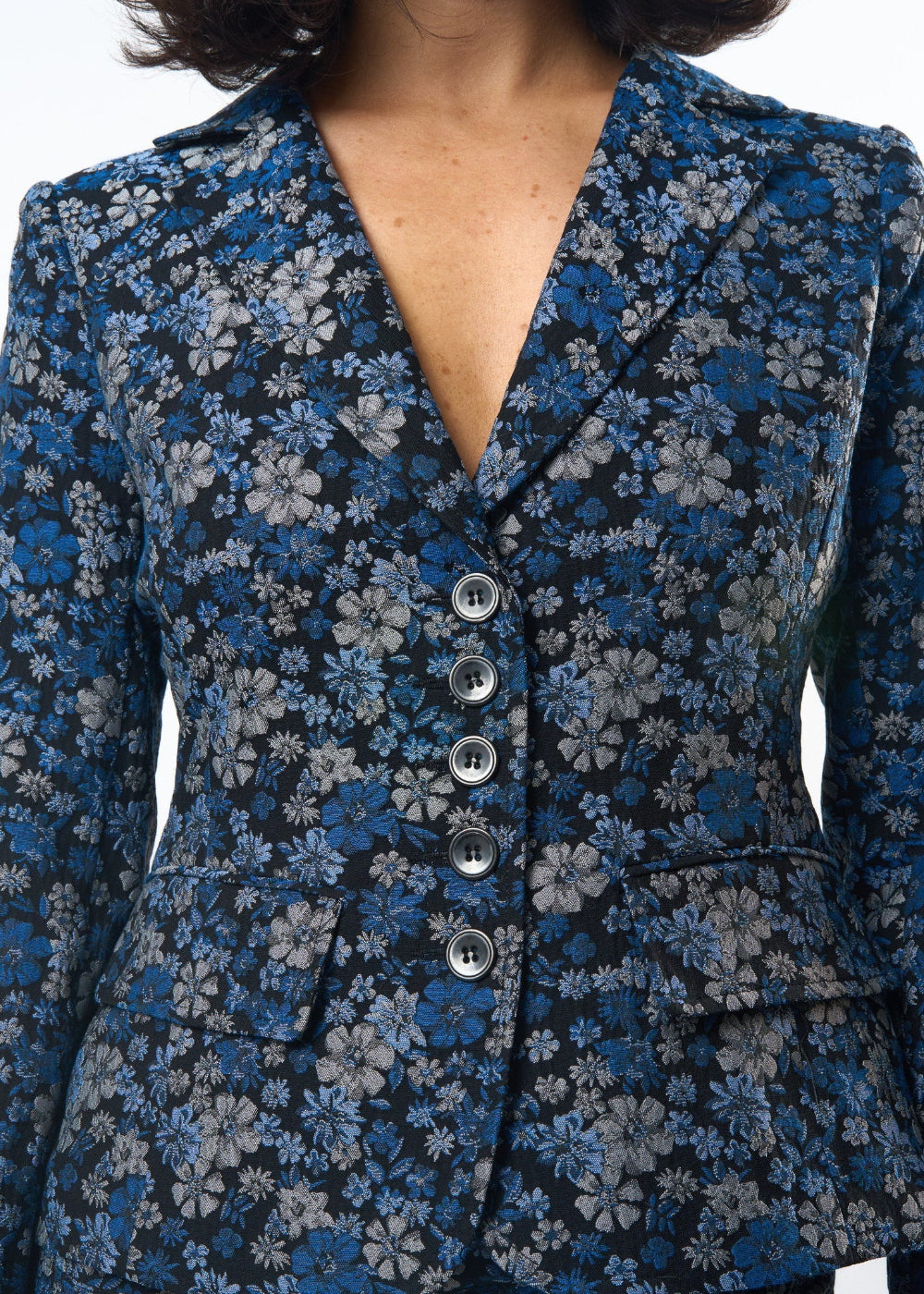Indigo Damask Charming Jacket shown on model, additional view
