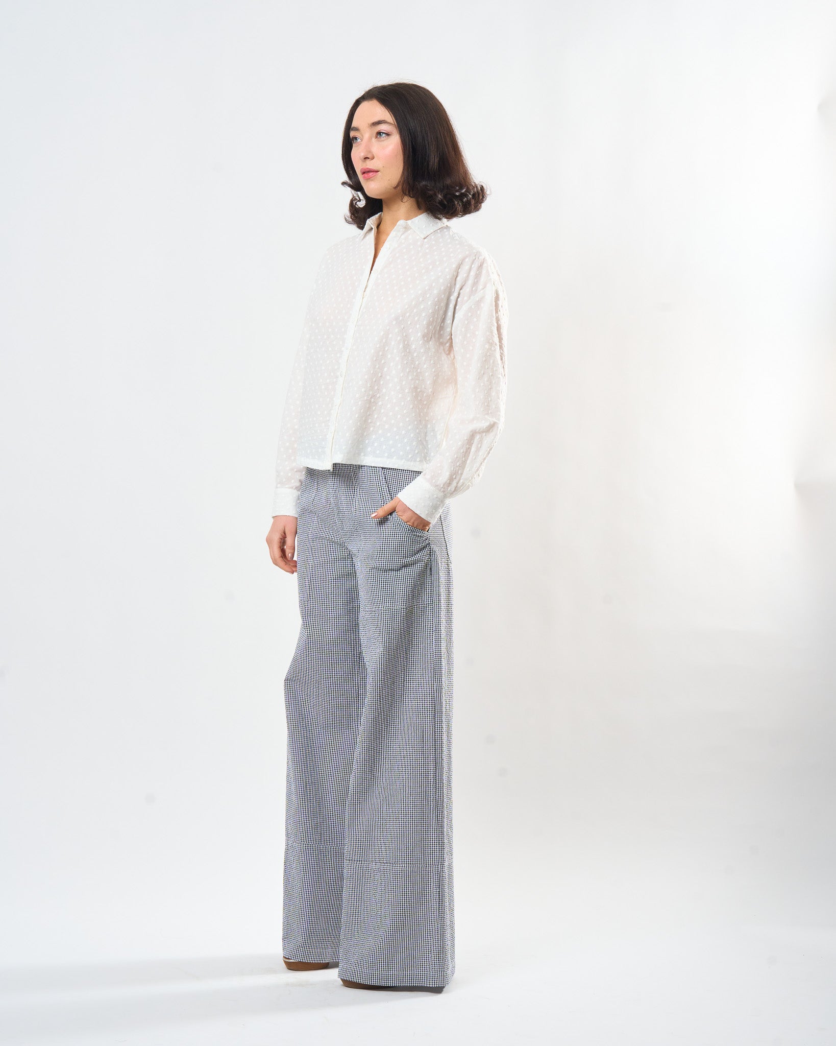White Cotton Embroidered Dot Shirt shown on model, detail view