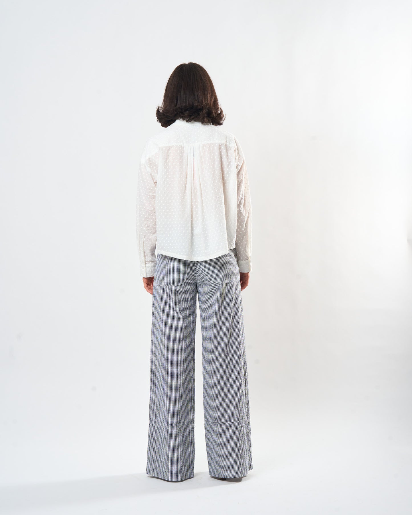 White Cotton Embroidered Dot Shirt shown on model, alternate view