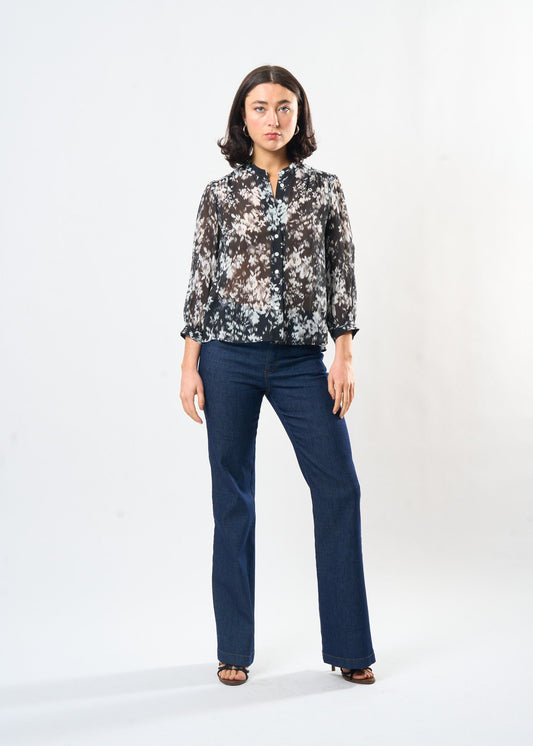Woman wearing the Maria Cecilia Black & White Ikat Studio Top, front view