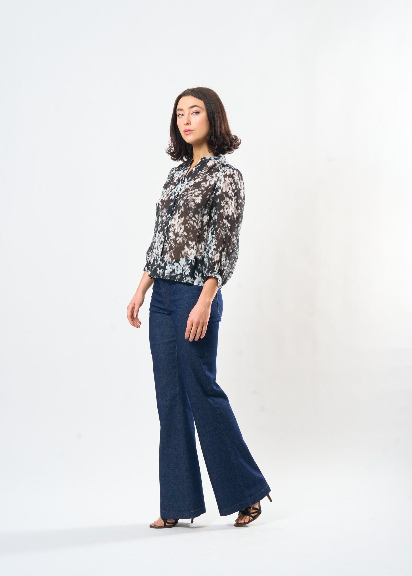 Black & White Ikat Studio Top shown on model, detail view