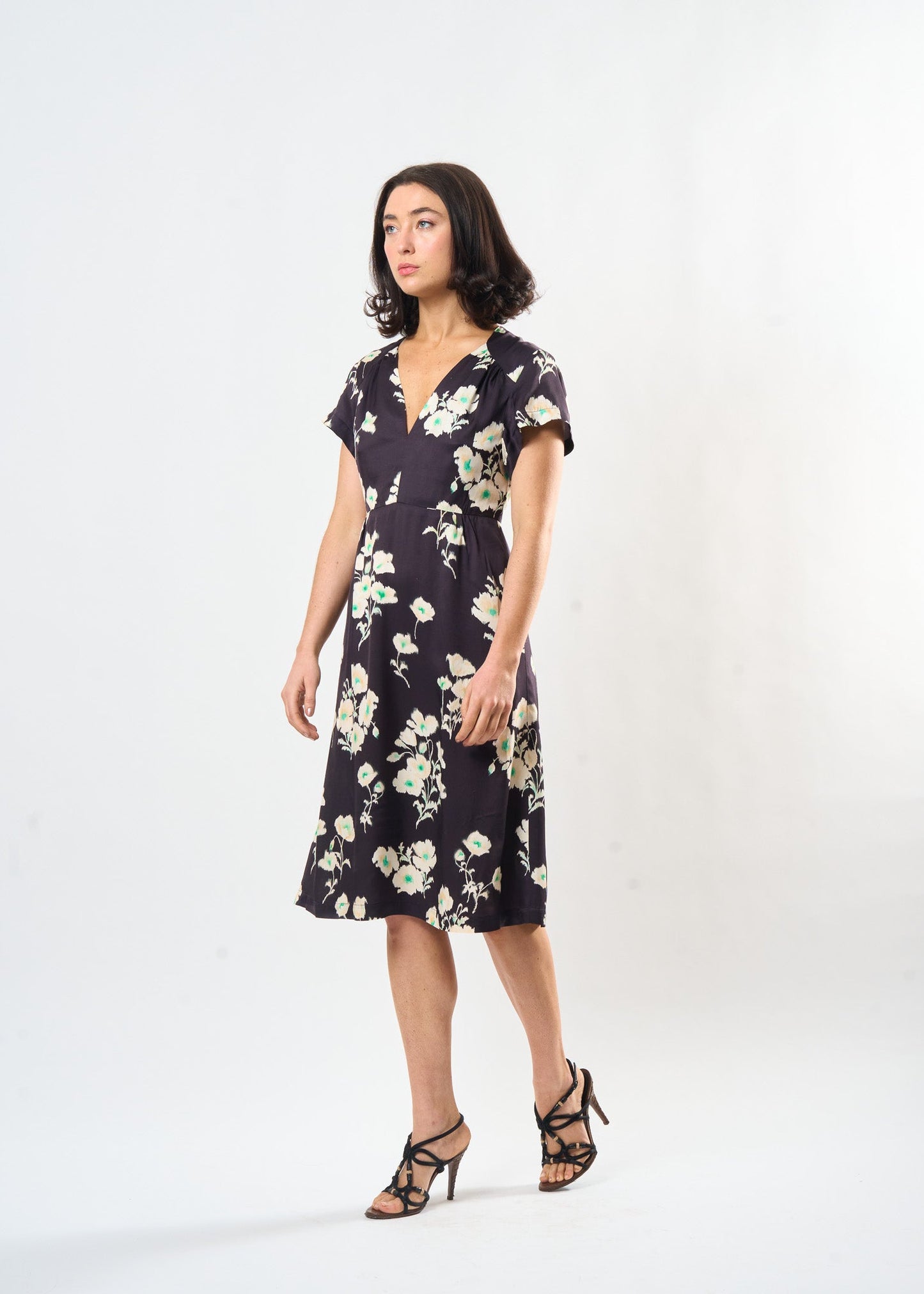 Shadow Floral Sofia Dress shown on model, back view