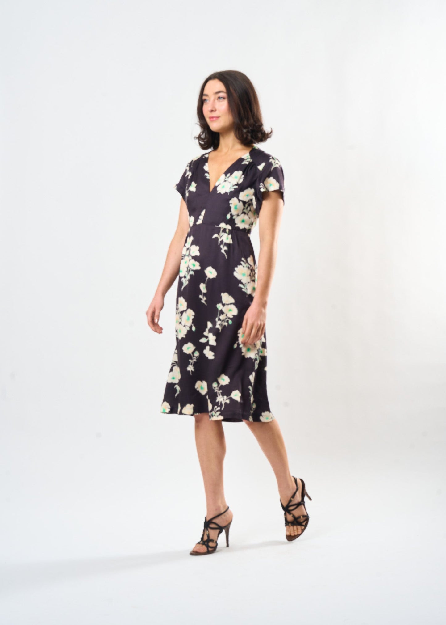 Shadow Floral Sofia Dress shown on model, detail view
