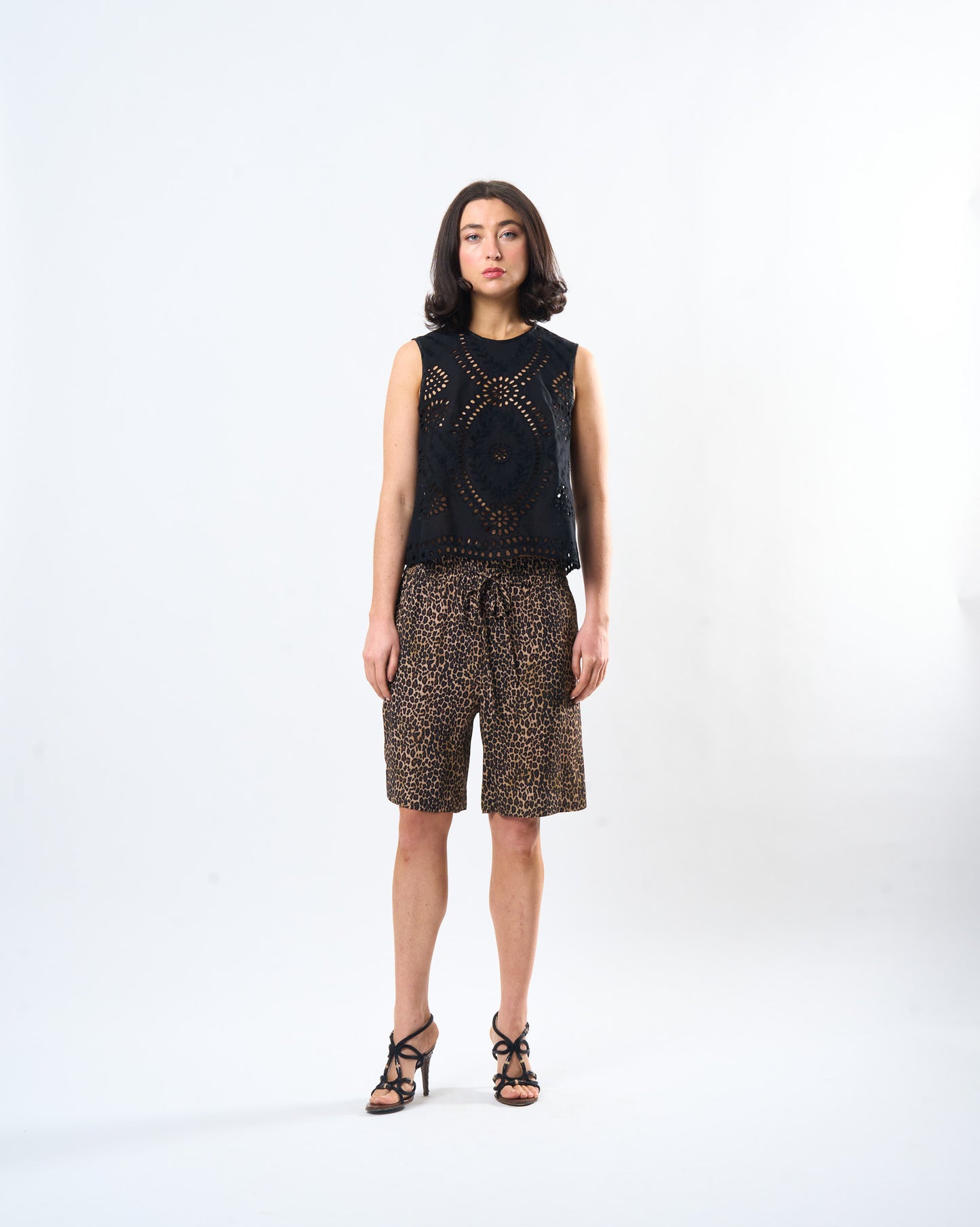 Leopard Lounge Short shown on model, back view