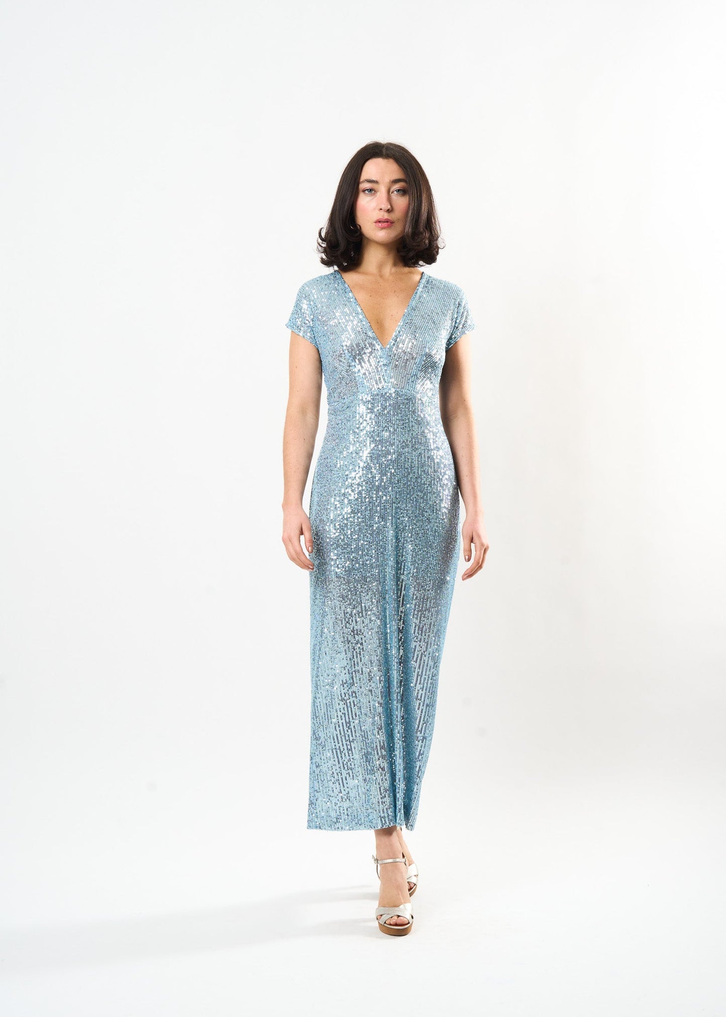 Sequin Midi Shift dress shown on model, side view