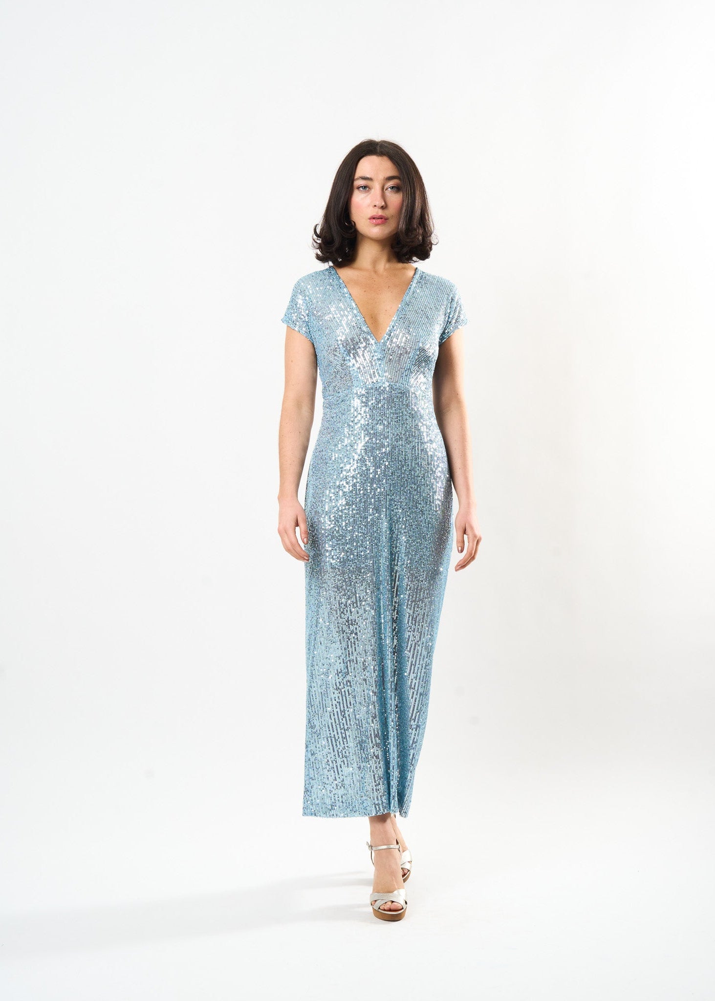 Sequin Midi Shift dress shown on model, side view