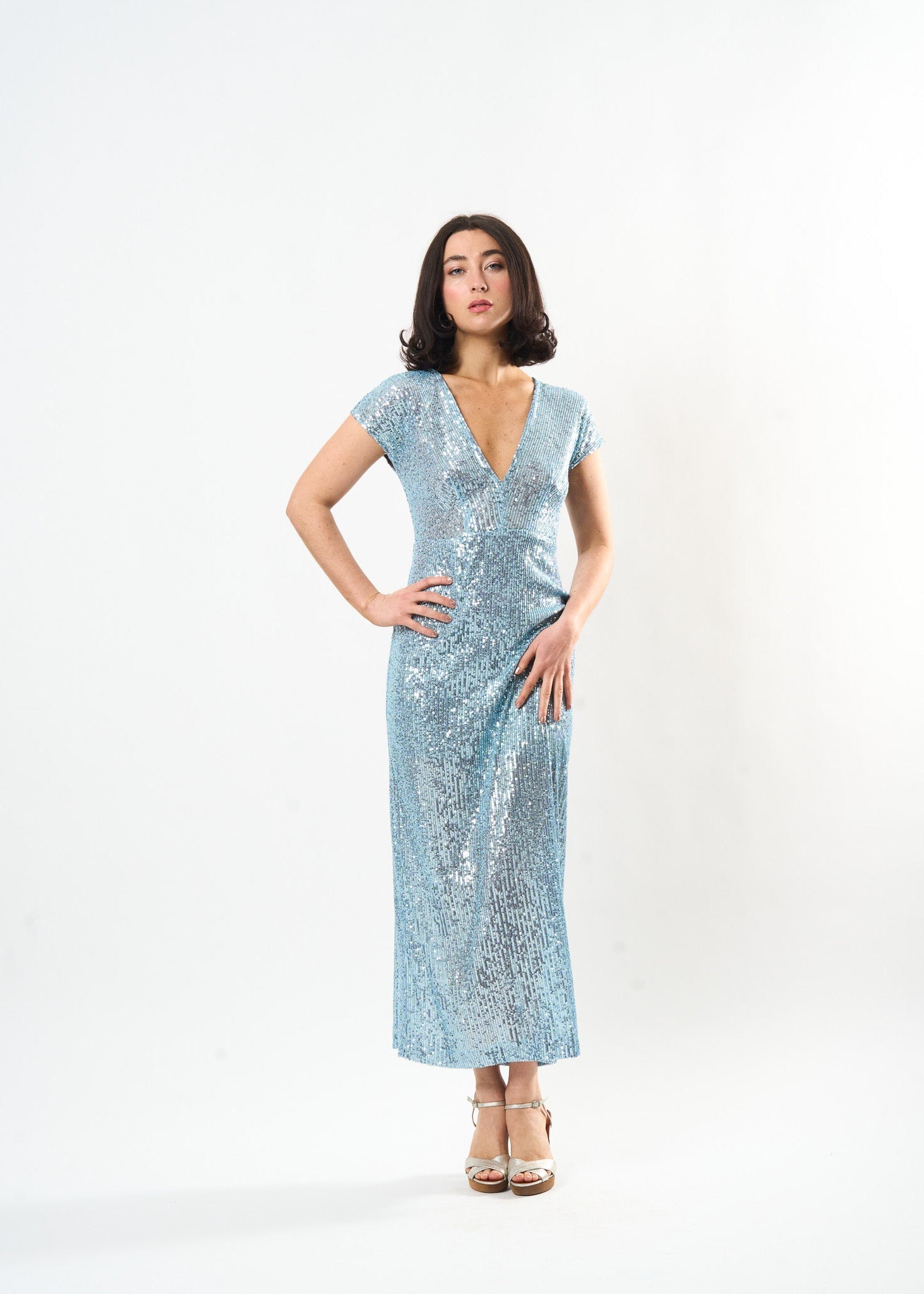 Sequin Midi Shift dress shown on model, back view