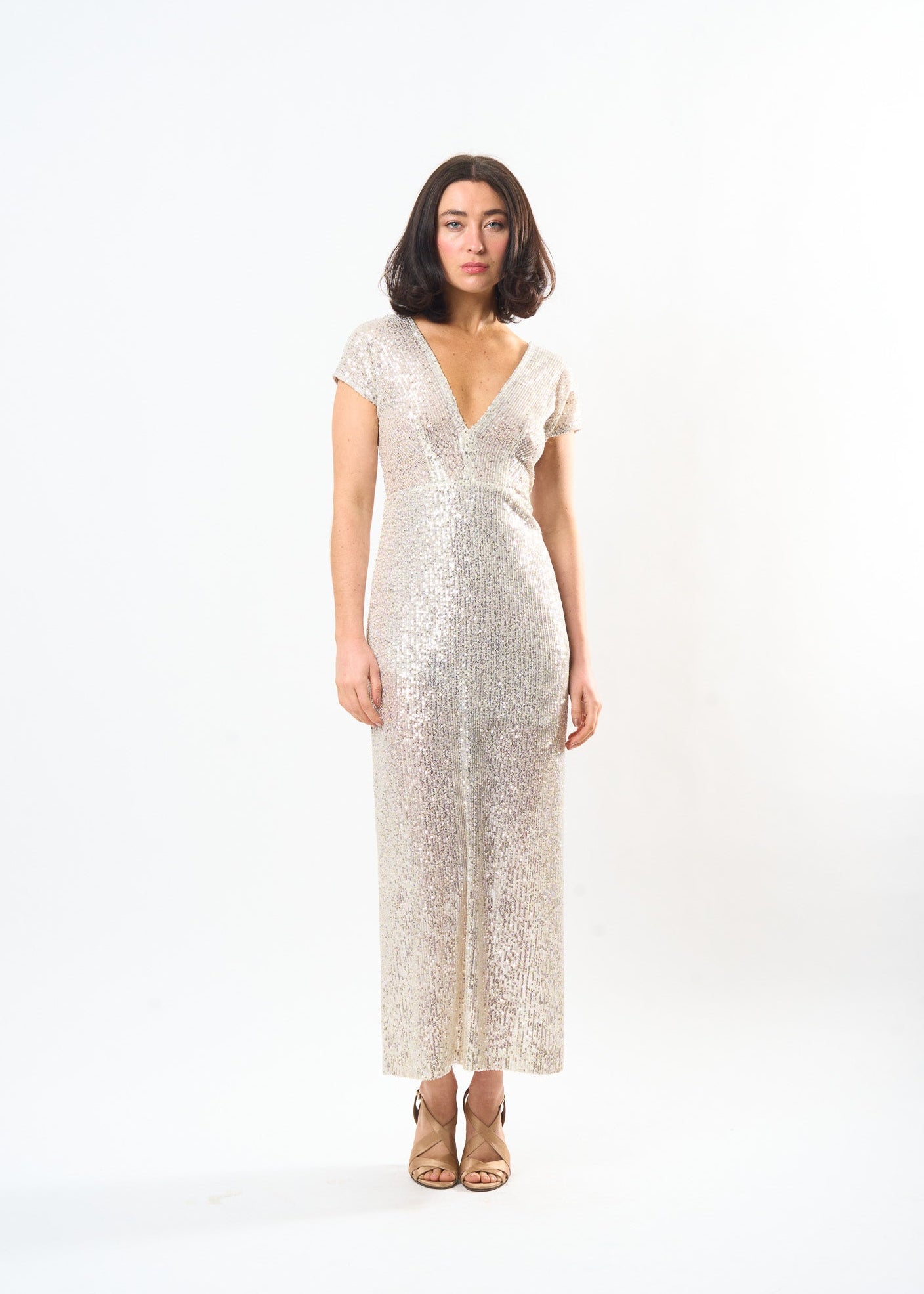 Woman wearing the Maria Cecilia Sequin Midi Shift dress, front view