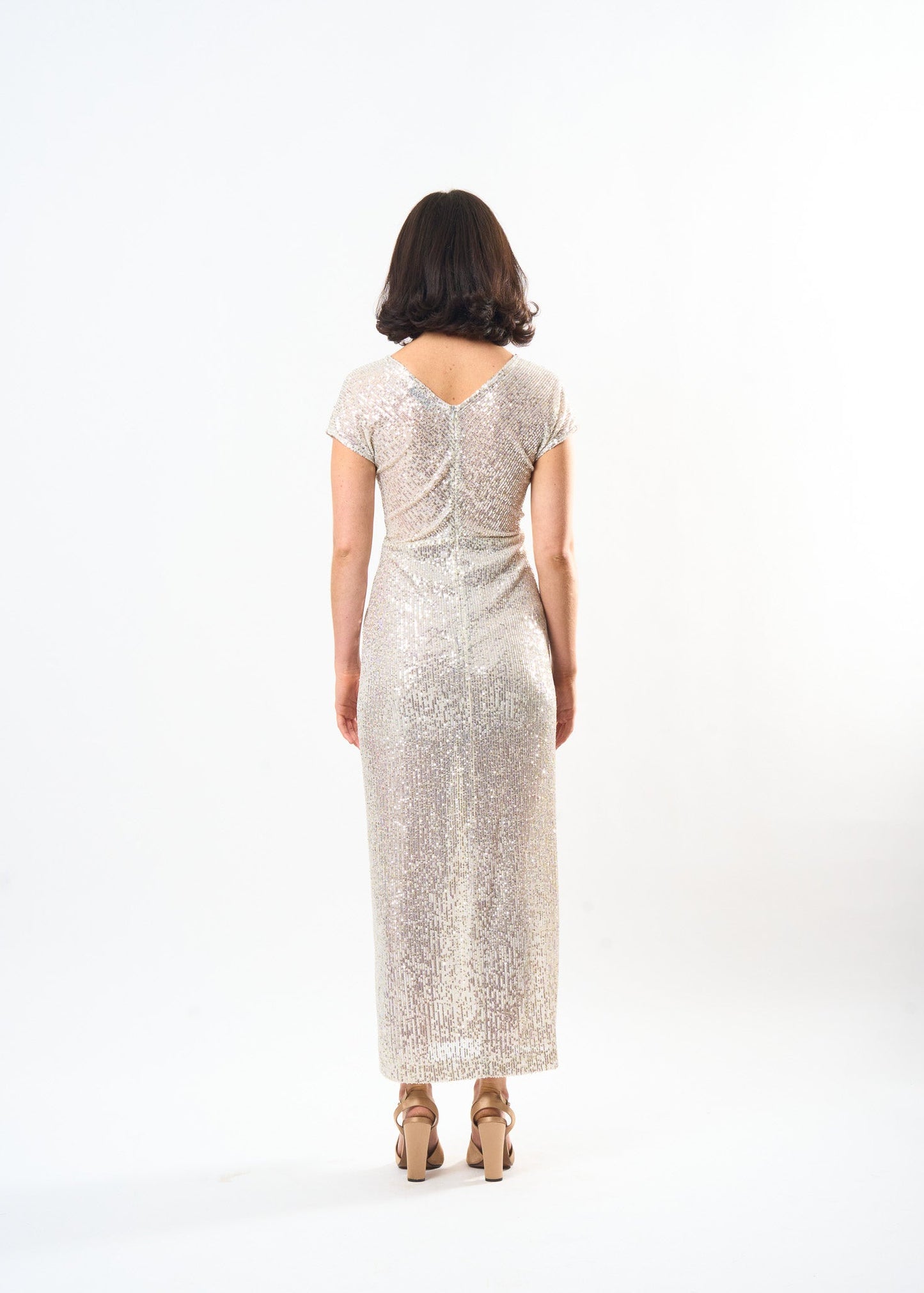 Sequin Midi Shift dress shown on model, back view