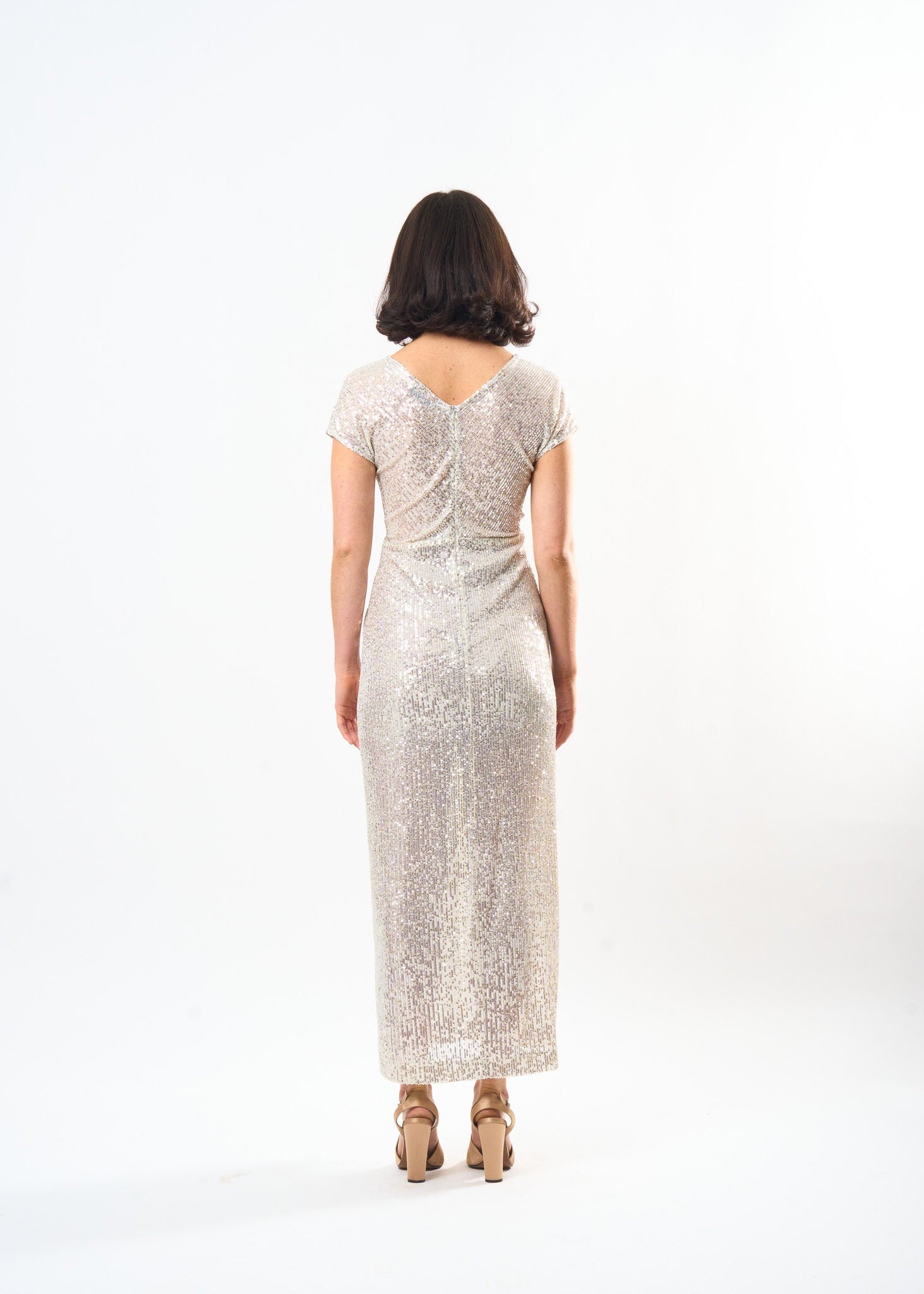 Sequin Midi Shift dress shown on model, back view