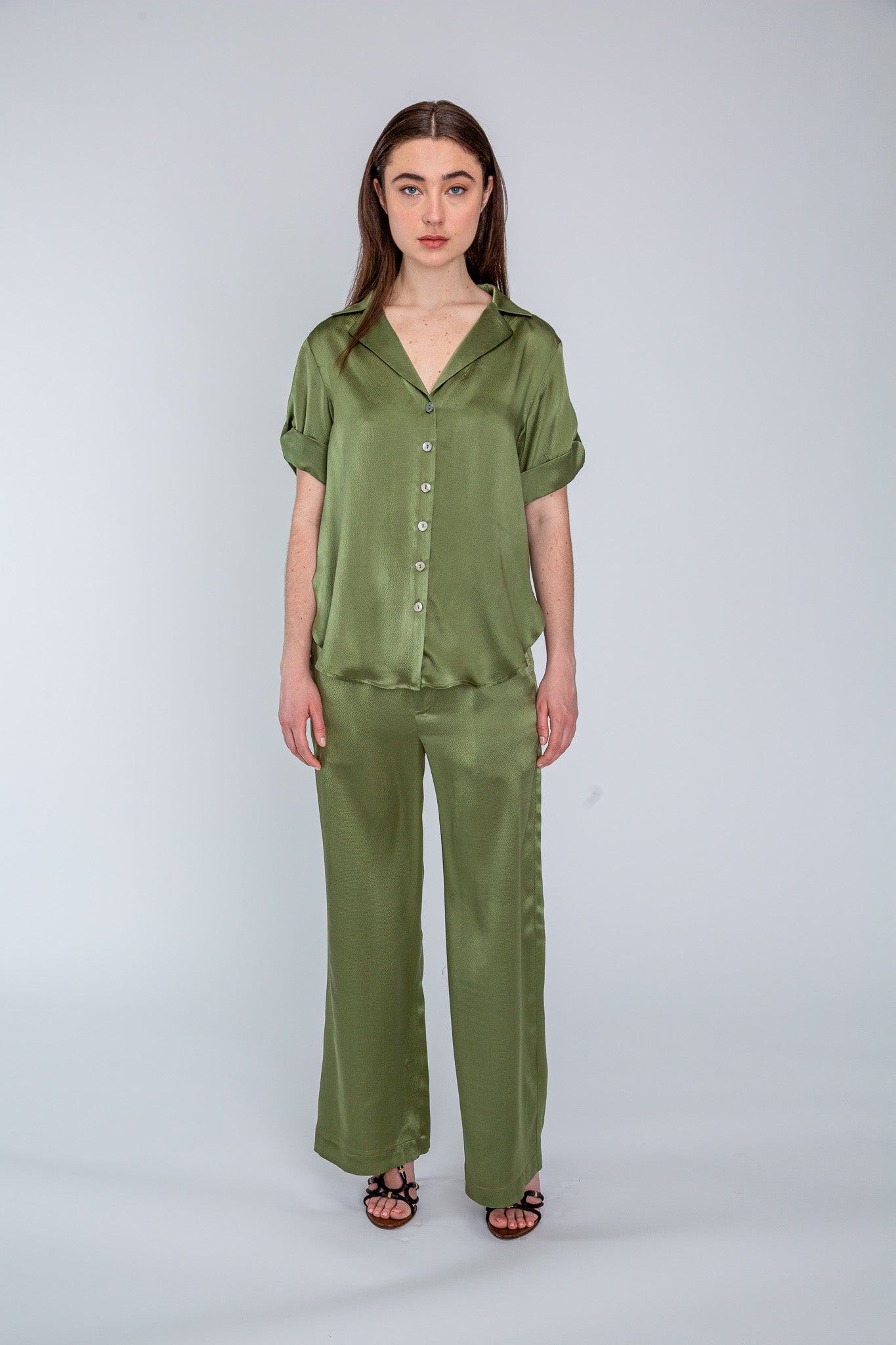 Khaki Satin Camp Shirt