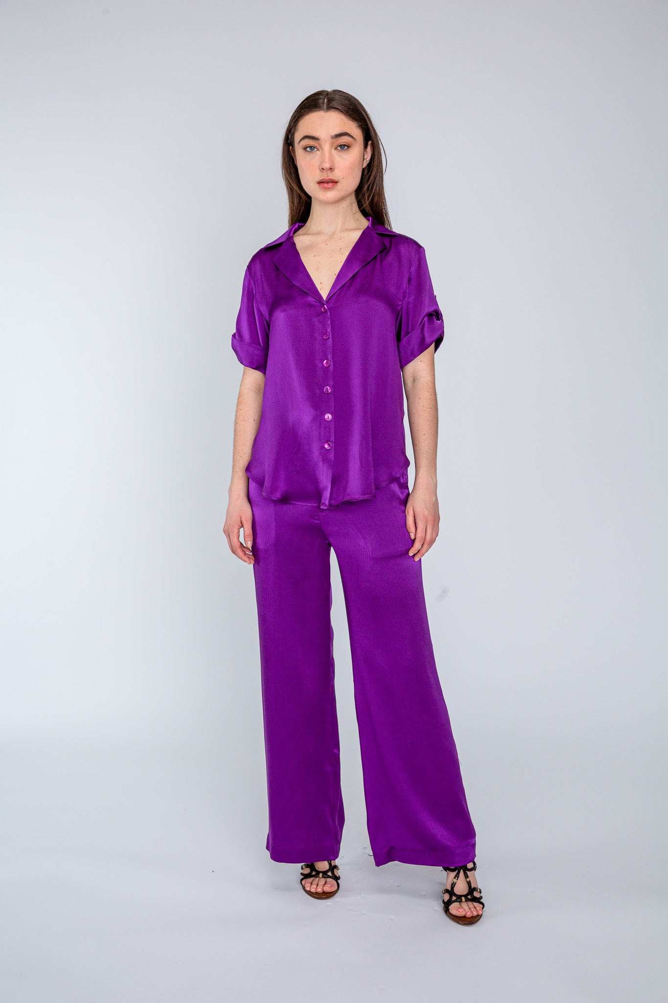 Plum Satin Camp Shirt