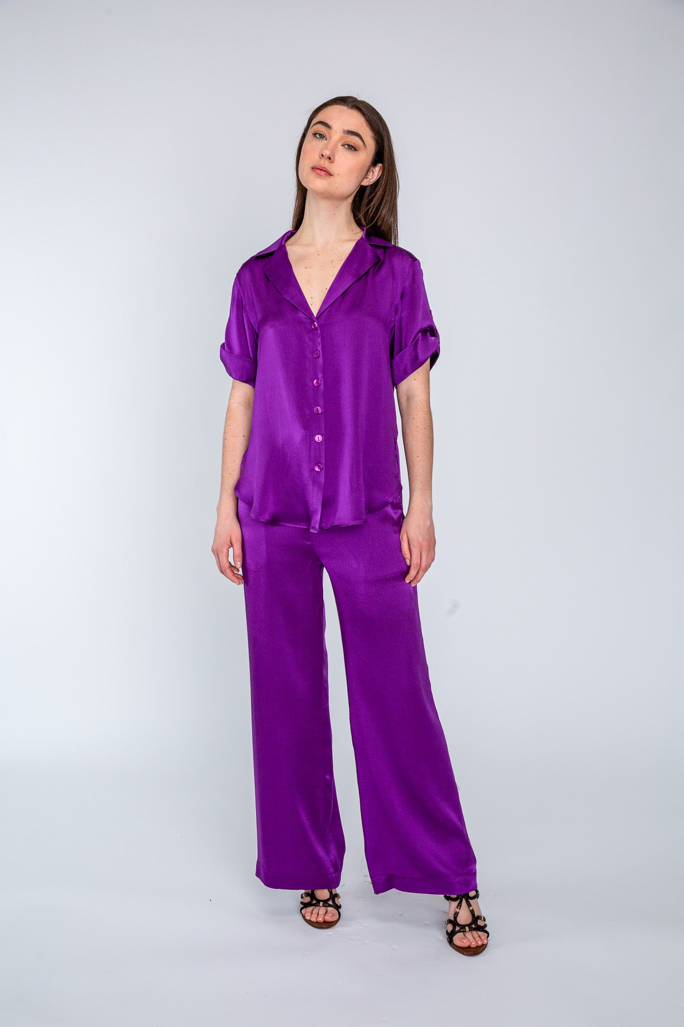 Plum Satin Camp Shirt