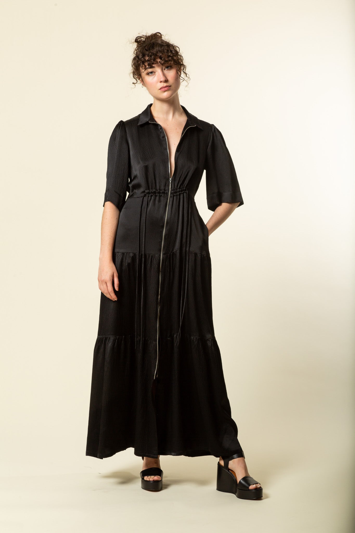 Zip front collared shirt dress in black silk charmeuse