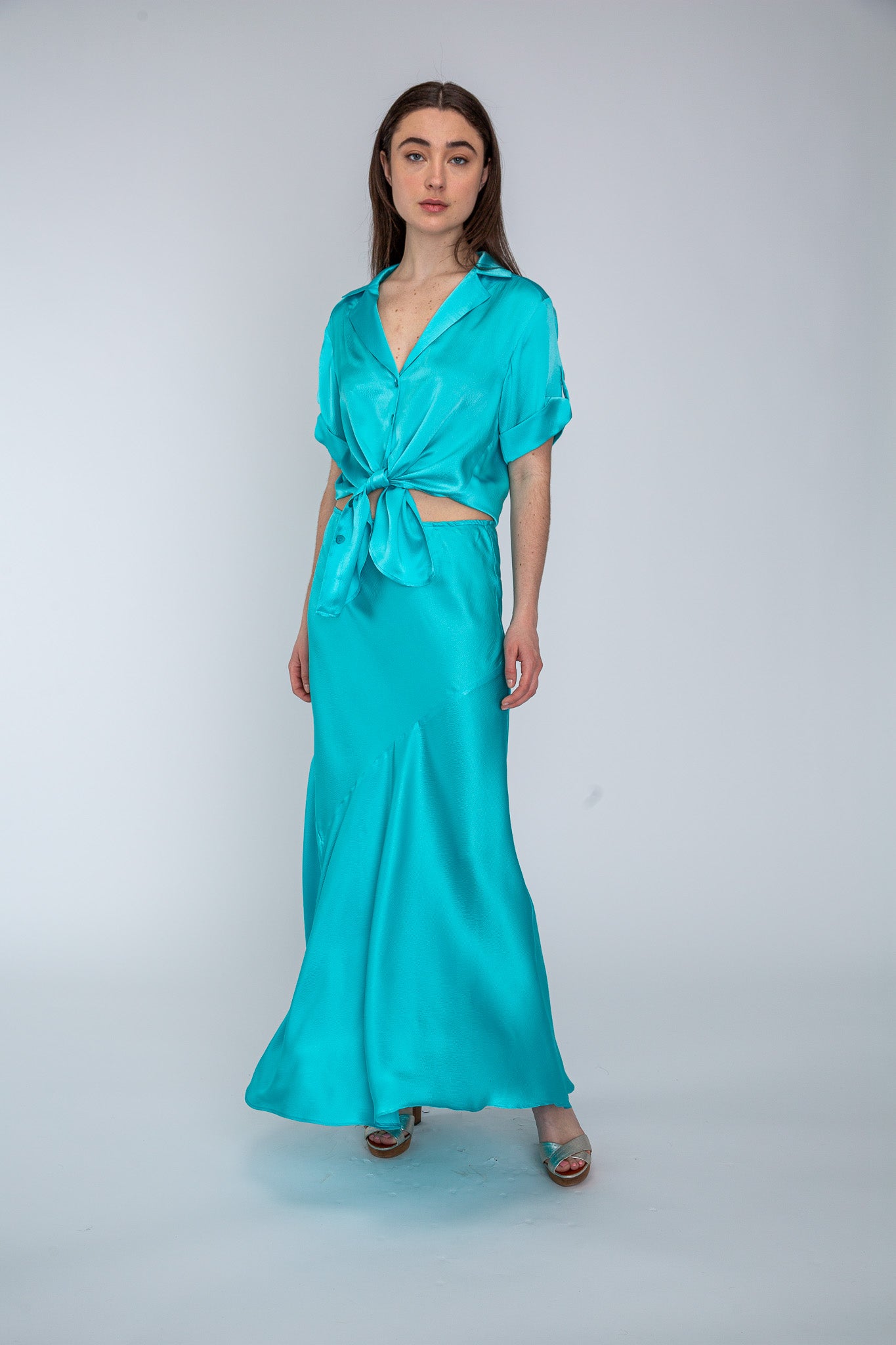 Aqua Satin Bias Skirt