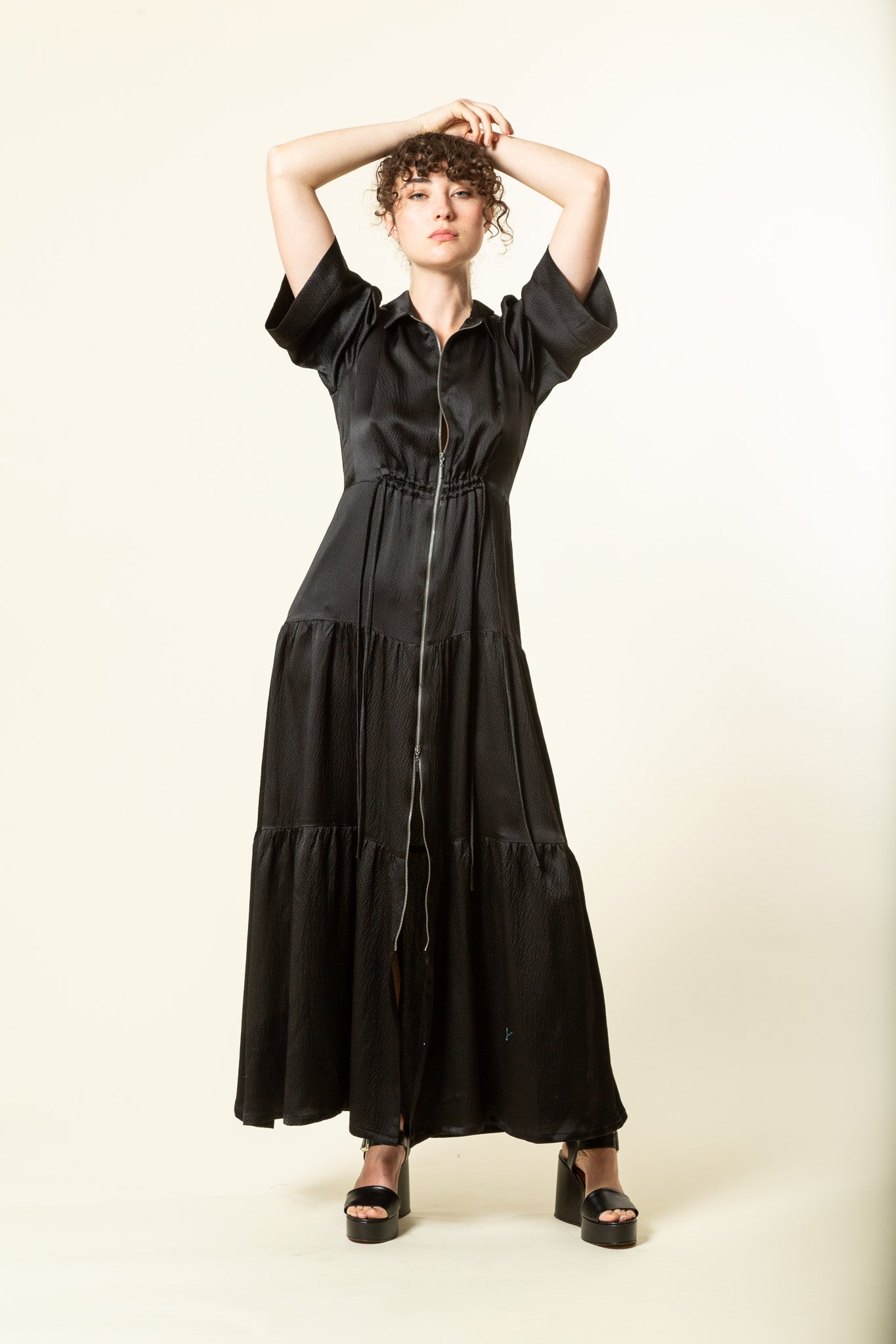 short sleeve silk dress with zip front