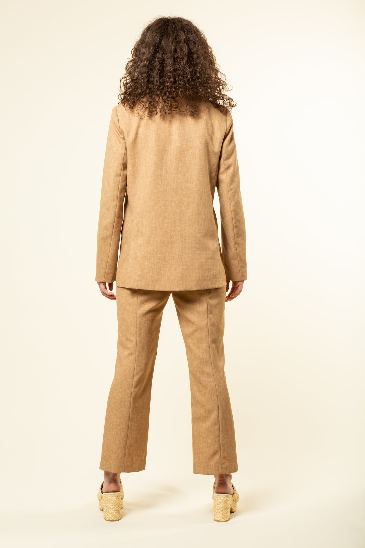 back of camel boyfriend blazer