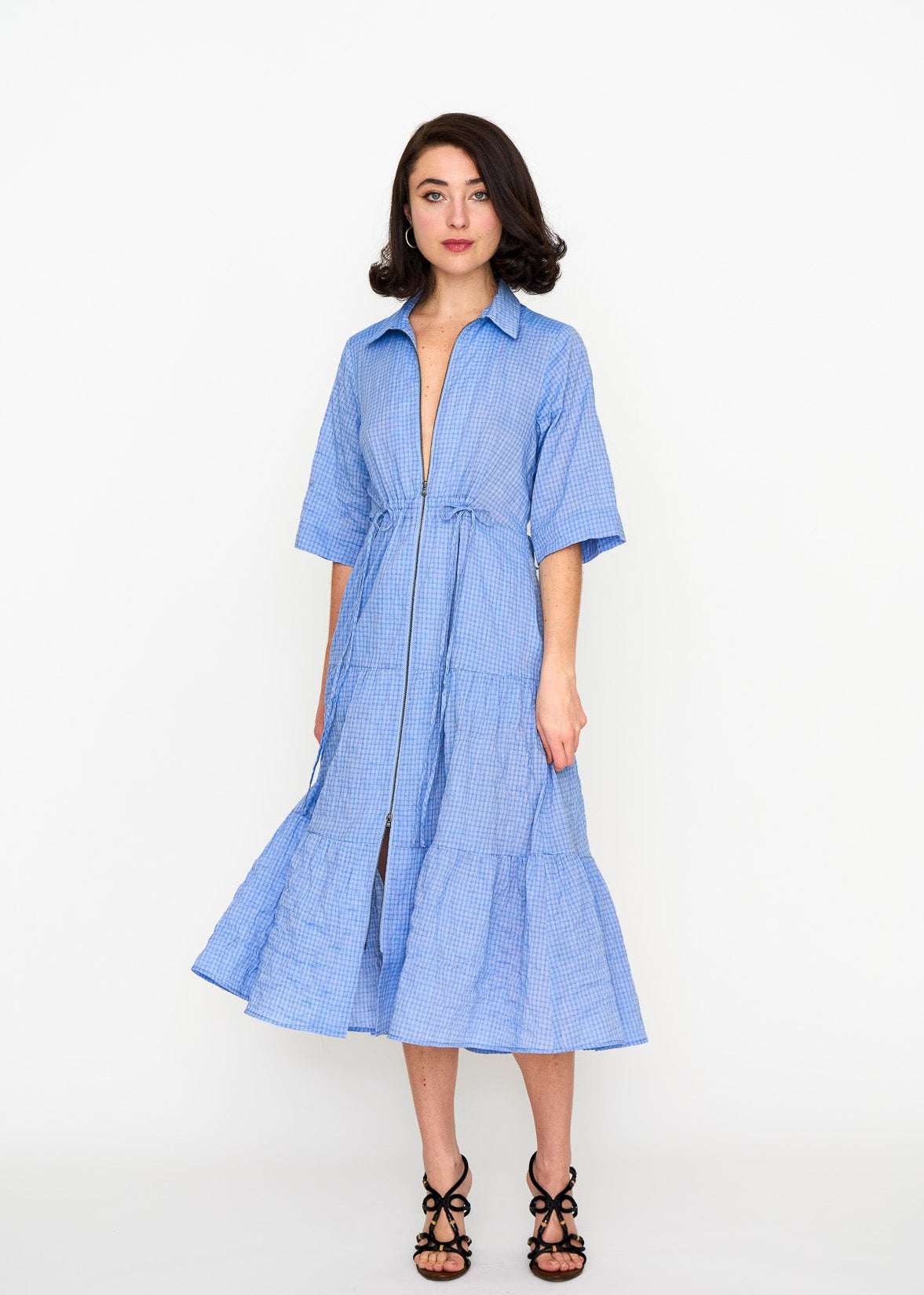 Chambray Dame Dress shown on model, alternate view