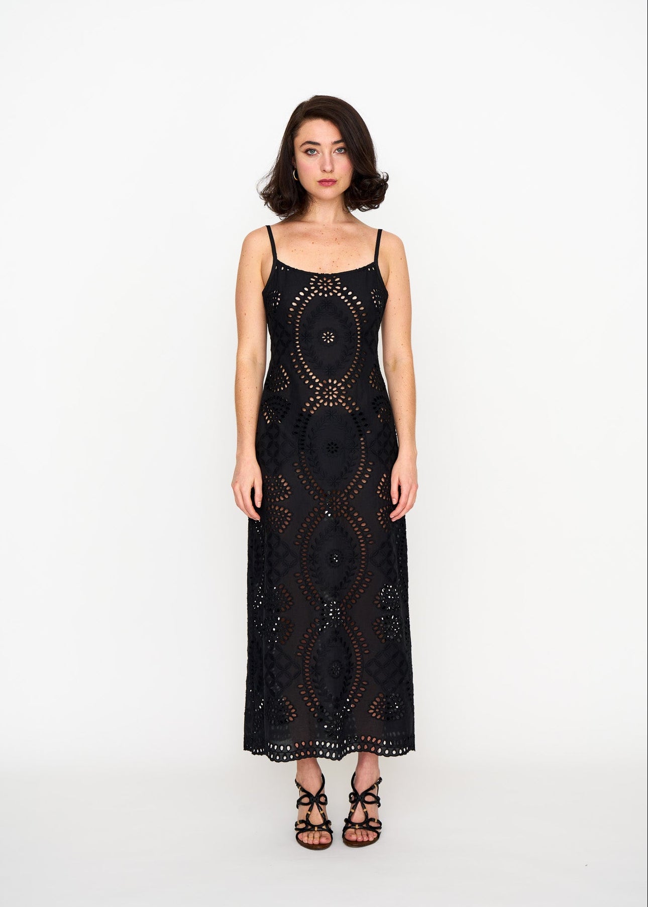 Black Eyelet Slip Dress shown on model, detail view