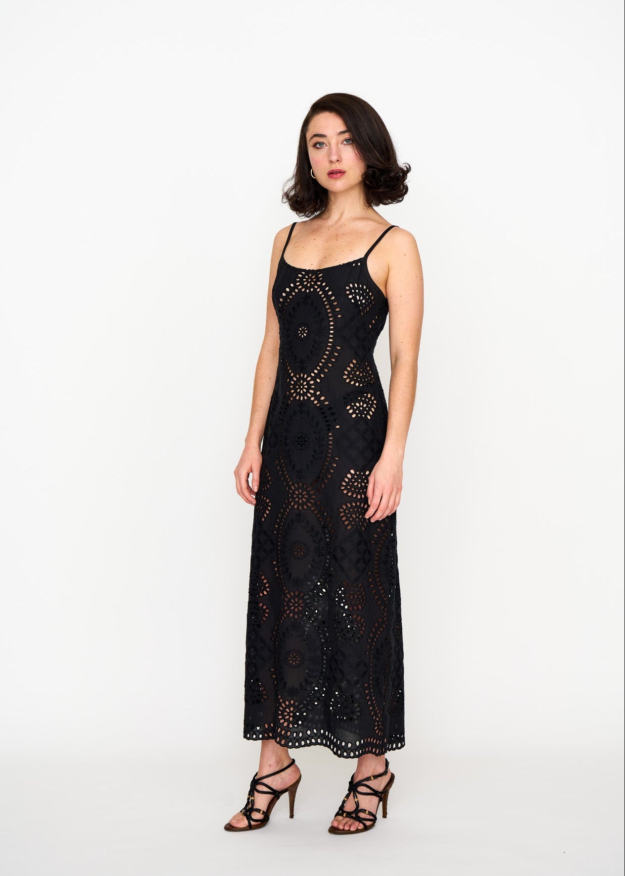 Black Eyelet Slip Dress shown on model, alternate view