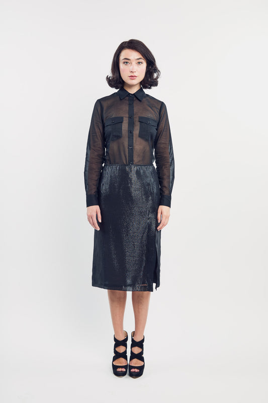 Woman wearing the Maria Cecilia Black Voile Utility Shirt, front view