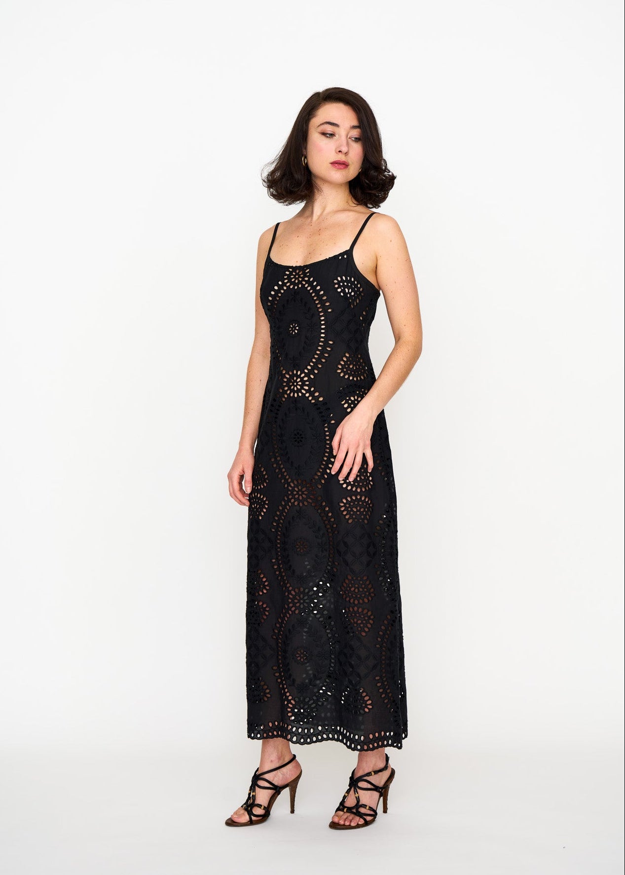 Black Eyelet Slip Dress shown on model, close-up detail