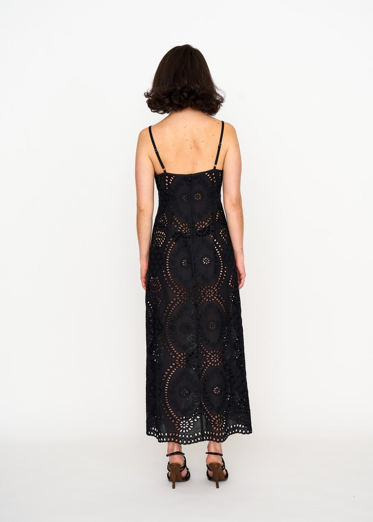 Black Eyelet Slip Dress shown on model, additional view