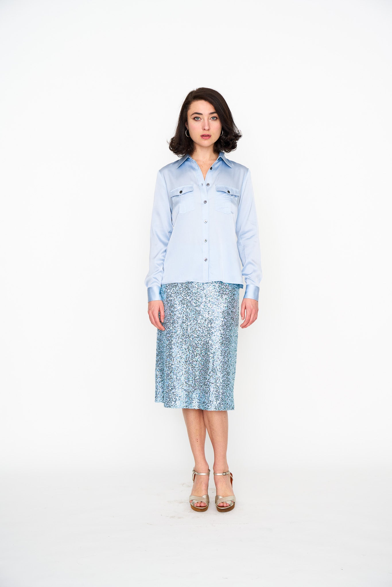 Pale Blue Silk Utility Shirt shown on model, side view