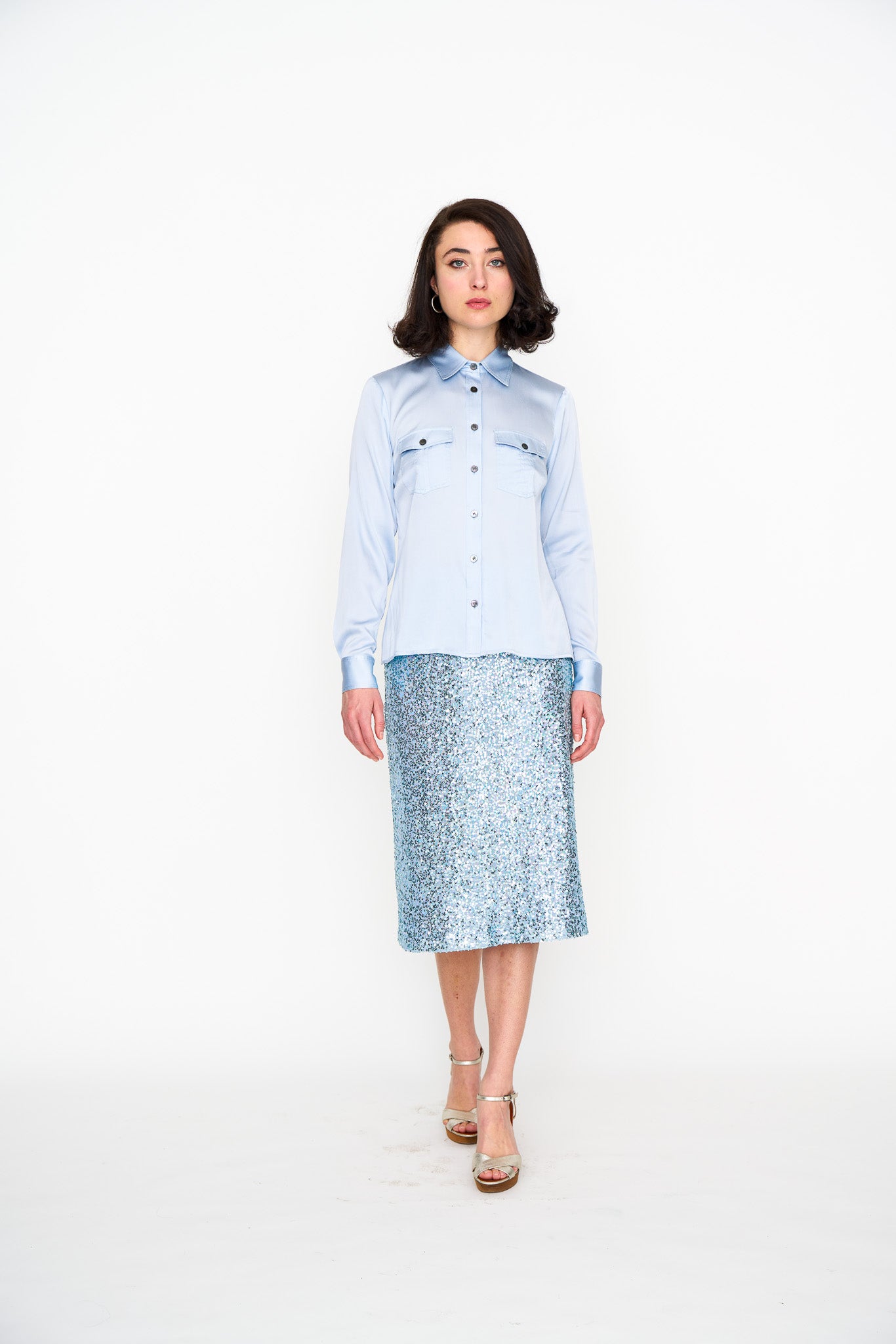 Pale Blue Silk Utility Shirt shown on model, back view