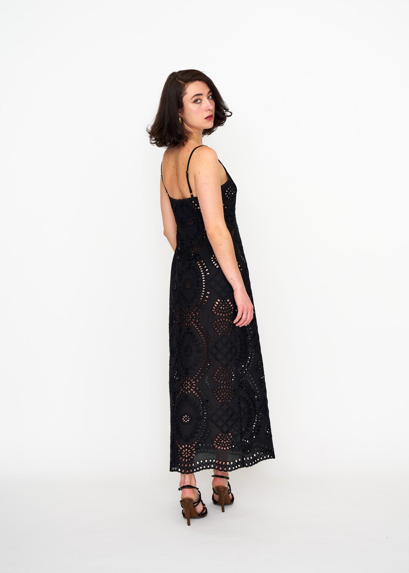Black Eyelet Slip Dress shown on model, styling view