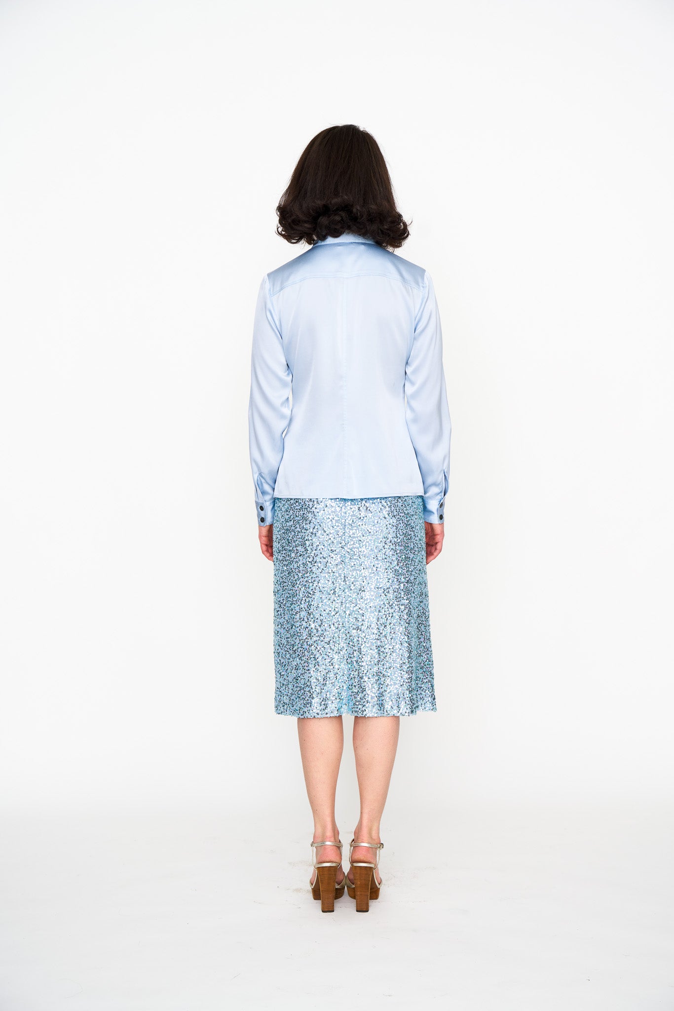 Pale Blue Silk Utility Shirt shown on model, detail view
