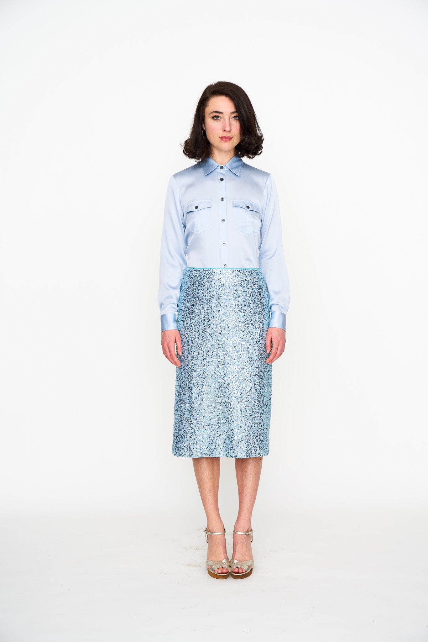 Woman wearing the Maria Cecilia Pale Blue Sequin Skirt, front view