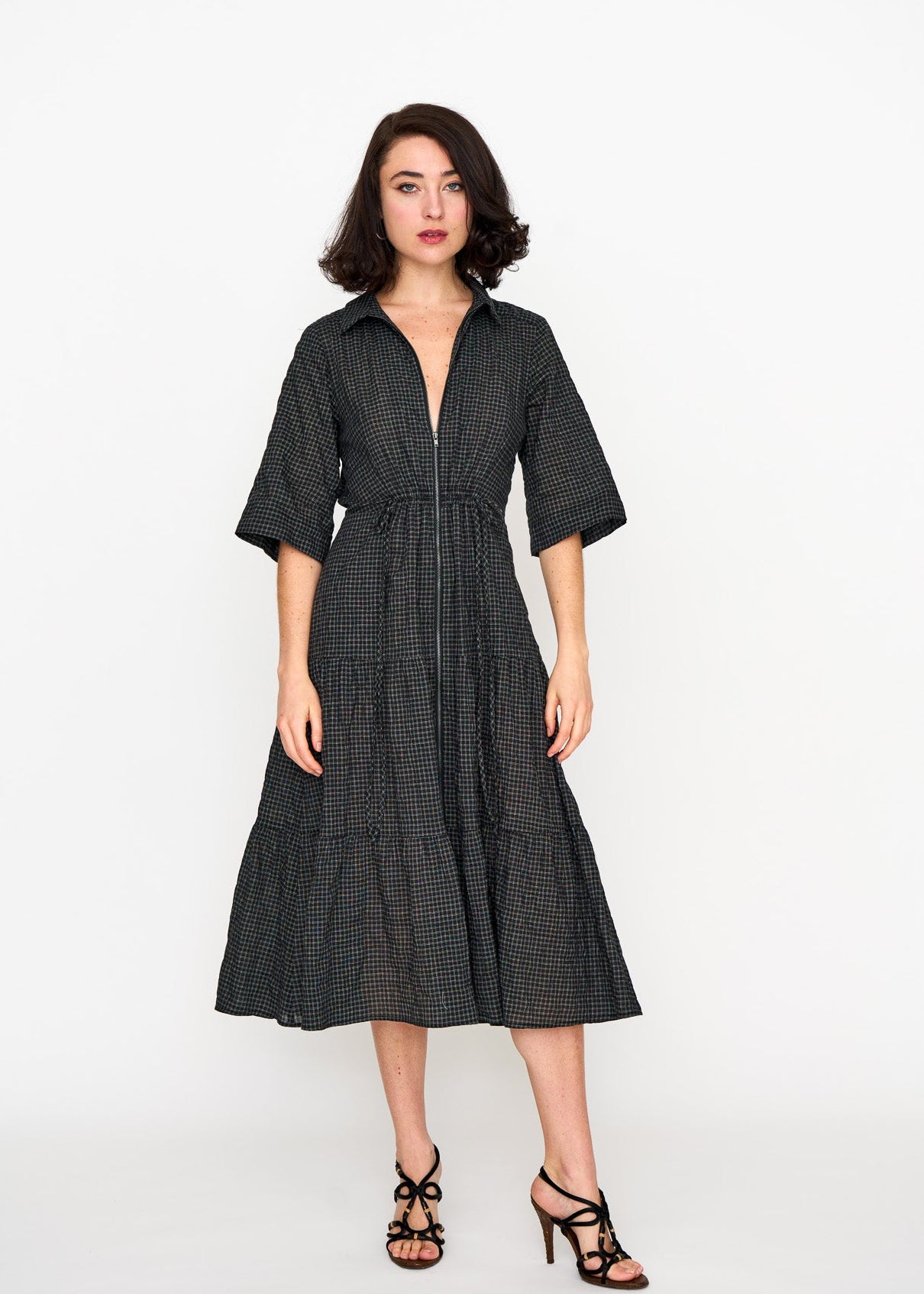 Black Mini Check Dame Dress shown on model, additional view