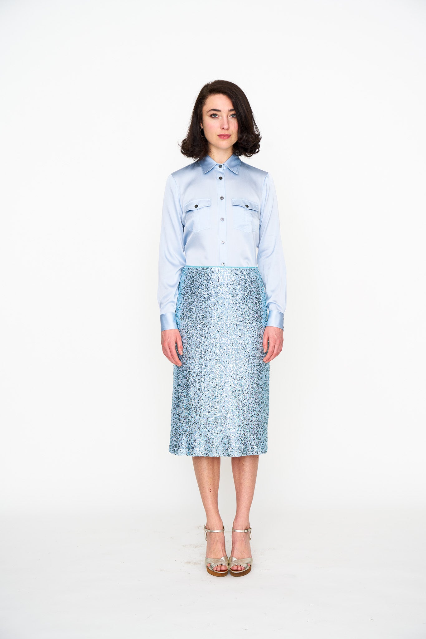 Pale Blue Sequin Skirt shown on model, side view
