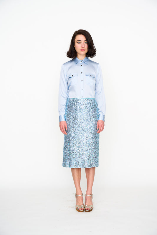 Pale Blue Sequin Skirt shown on model, side view