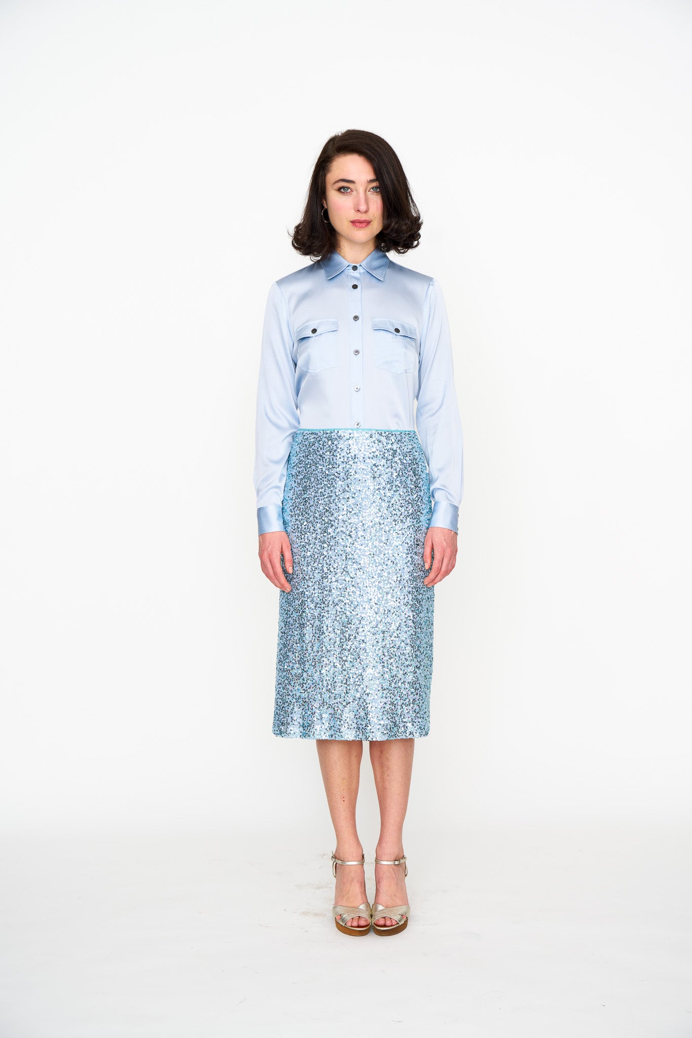 Pale Blue Sequin Skirt shown on model, back view
