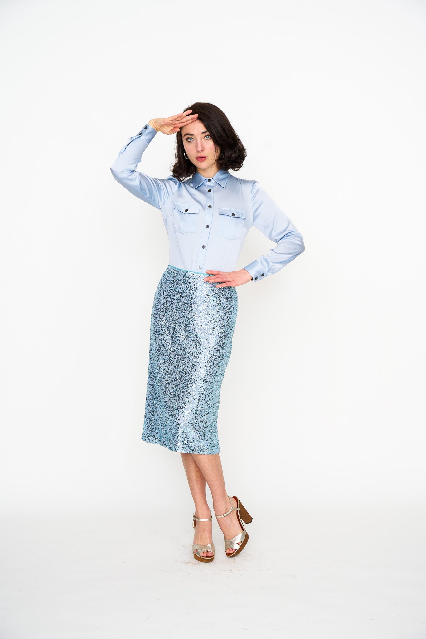 Pale Blue Sequin Skirt shown on model, detail view