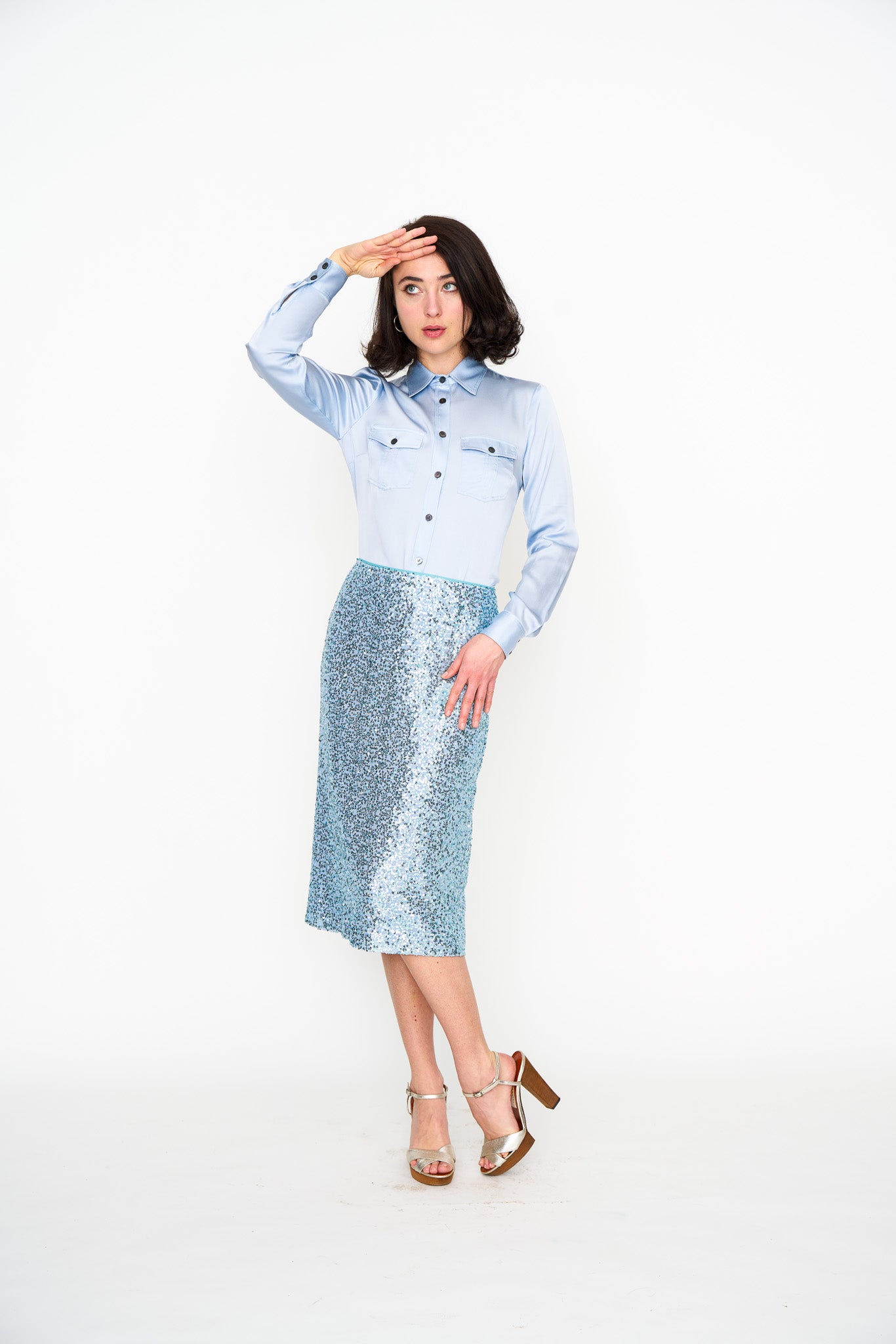 Pale Blue Sequin Skirt shown on model, alternate view
