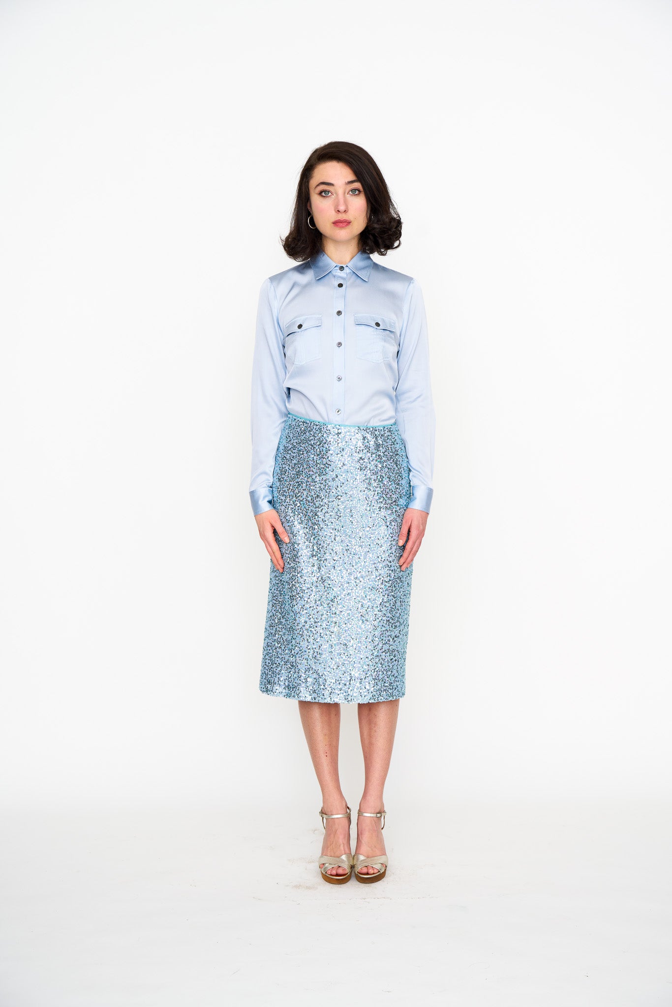 Pale Blue Sequin Skirt shown on model, close-up detail
