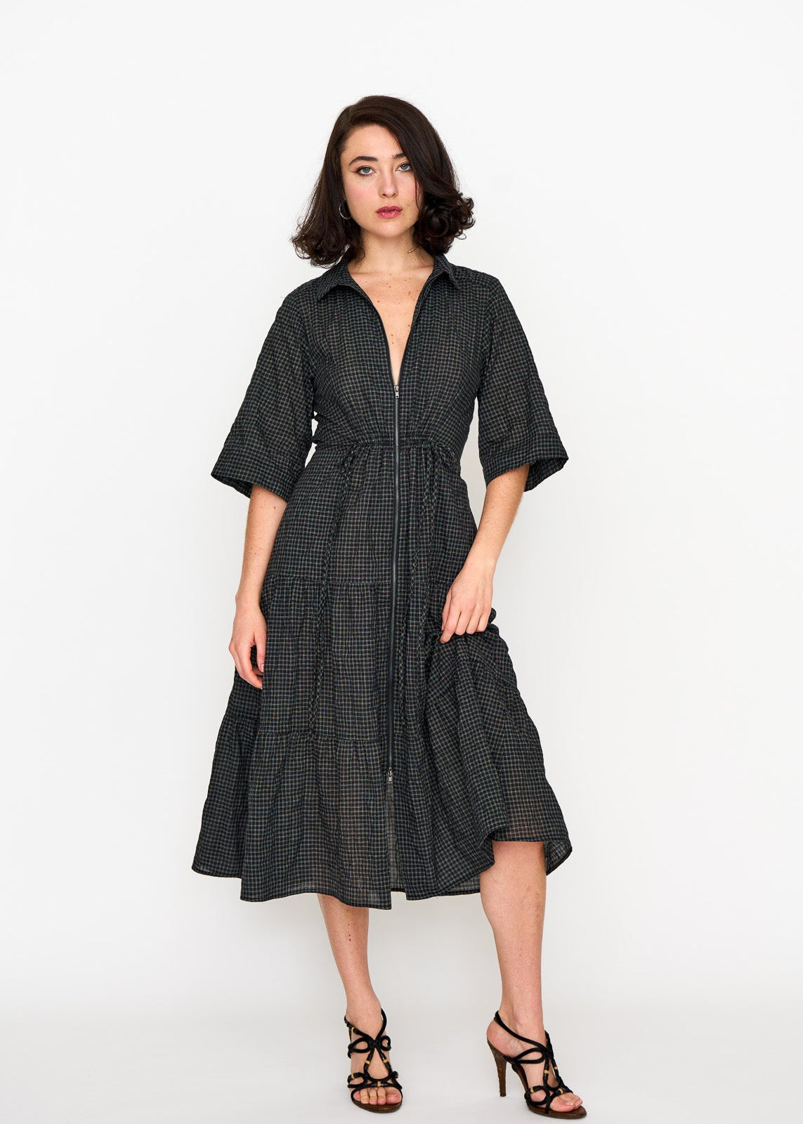 Black Mini Check Dame Dress shown on model, alternate view