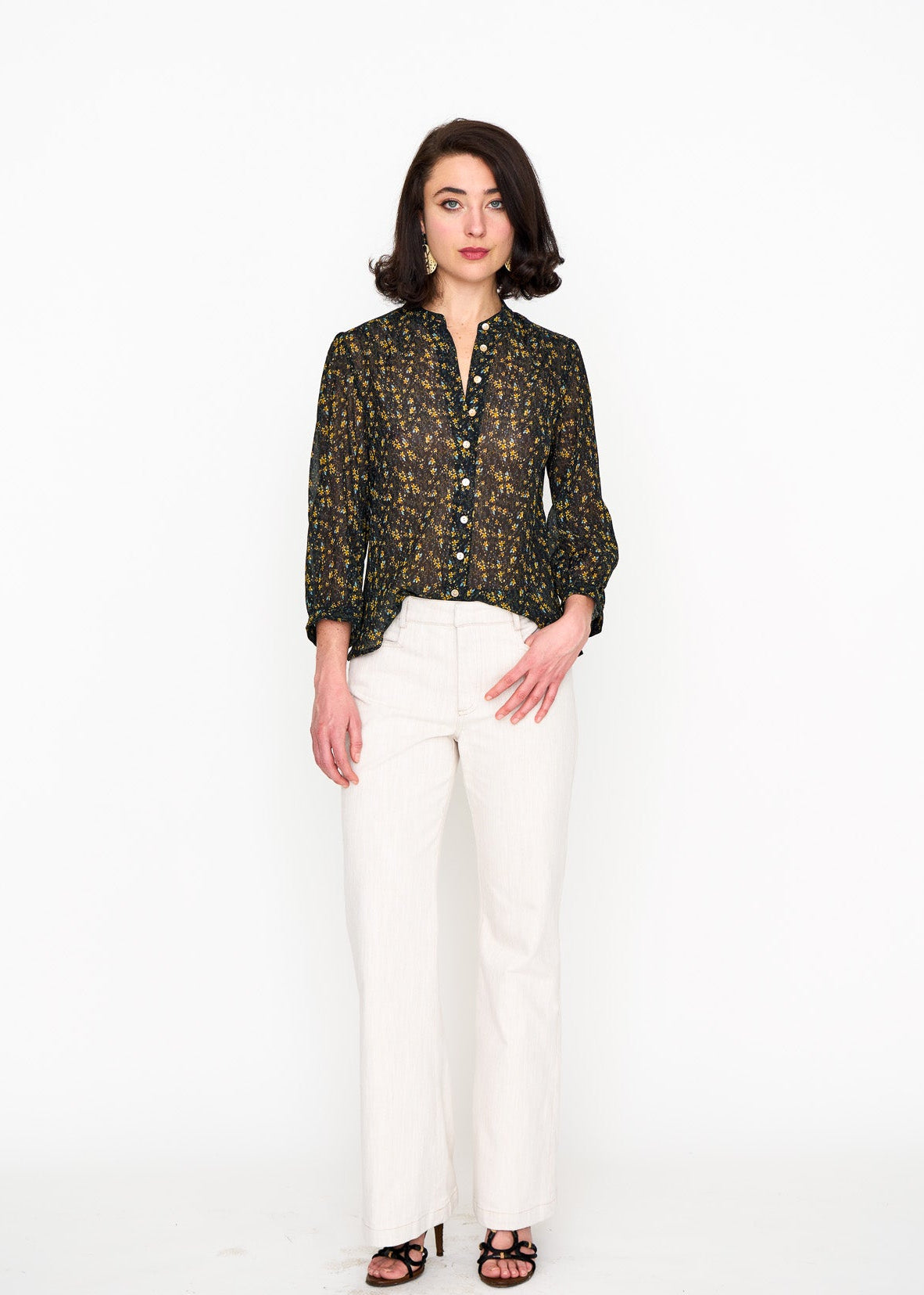 Black Floral Studio Top shown on model, alternate view