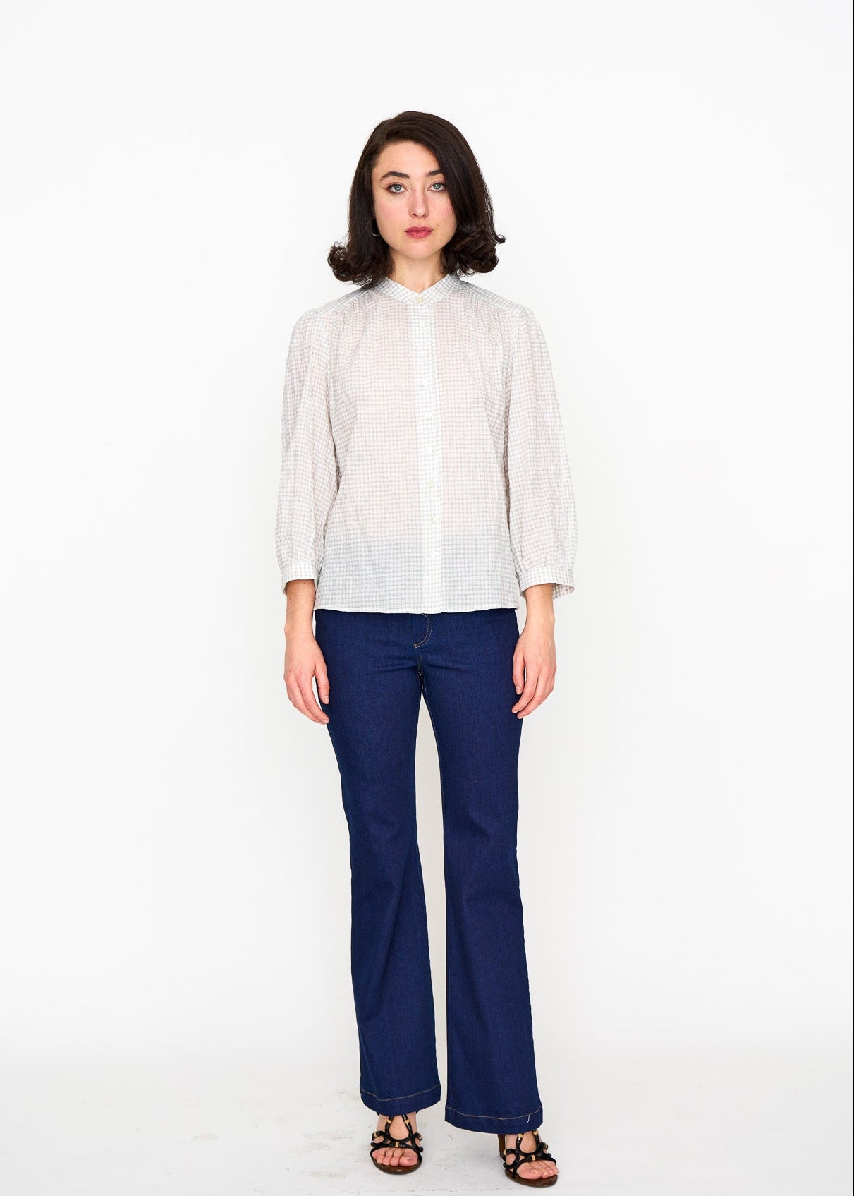 Woman wearing the Maria Cecilia Mini Check Studio Top, front view